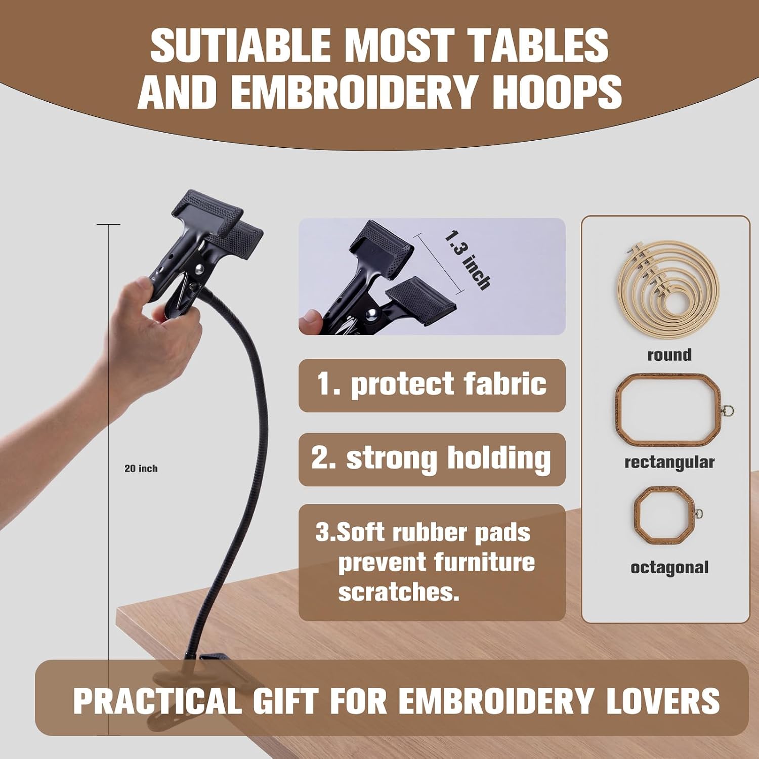 Adjustable Embroidery Hoop Stand Holder, 20" Extra Long Portable Gooseneck Embroidery Stand, Heavy Duty Cross Stitch Table Clamp for DIY Needlework Art Craft Sewing Projects