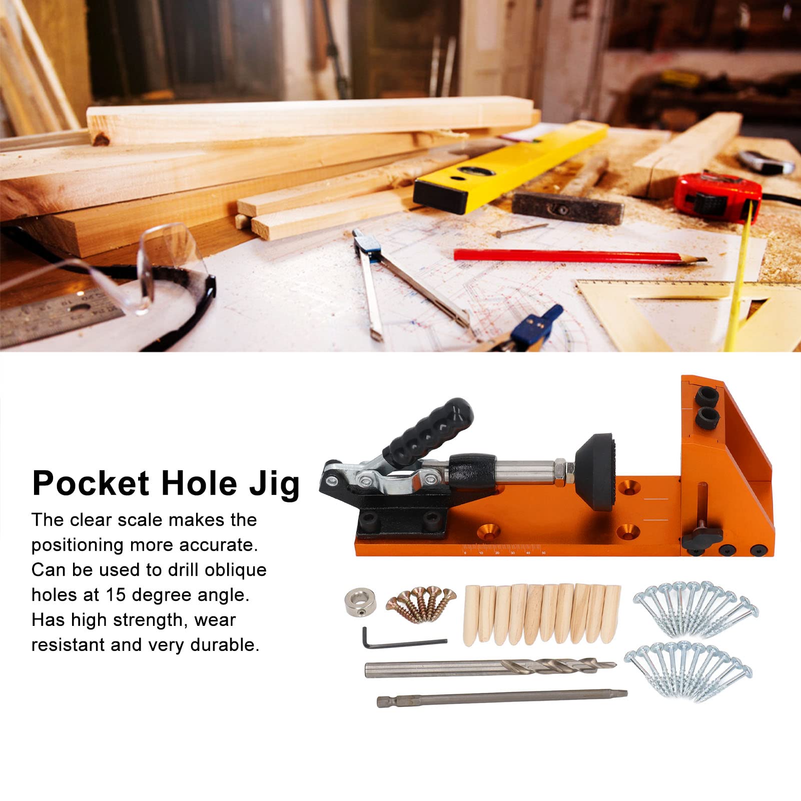 Wnvivi Pocket Hole Jig, Wiertło Naprowadzające 15 Stopni Lokalizator Wiercenia Zestaw Narzędzi, Zestaw Narzędzi do Wiercenia w Ciężkich Warunkach