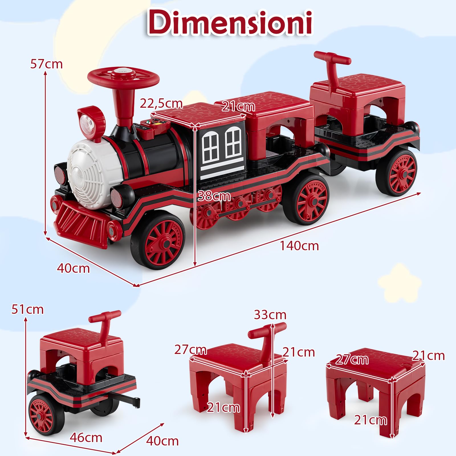 COSTWAY Trenino Elettrico Cavalcabile per Bambini, 12V Macchina Elettrica a 3 Posti con Locomotiva e Vagone Rimovibili, Treno con Luci LED, Clacson e Musica, per Bambini 3-8 Anni (Rosso)