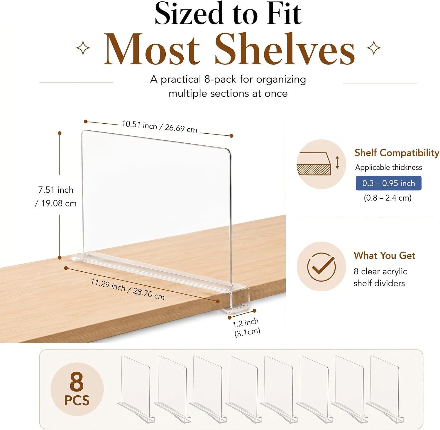 8 Pack Clear Shelf Dividers for Closet Organization – Adjustable Closet Shelf Organizer for Clothes, Sweaters, Handbags & Purses, Shelf Separators for Wooden Shelves, Perfect for Living Room