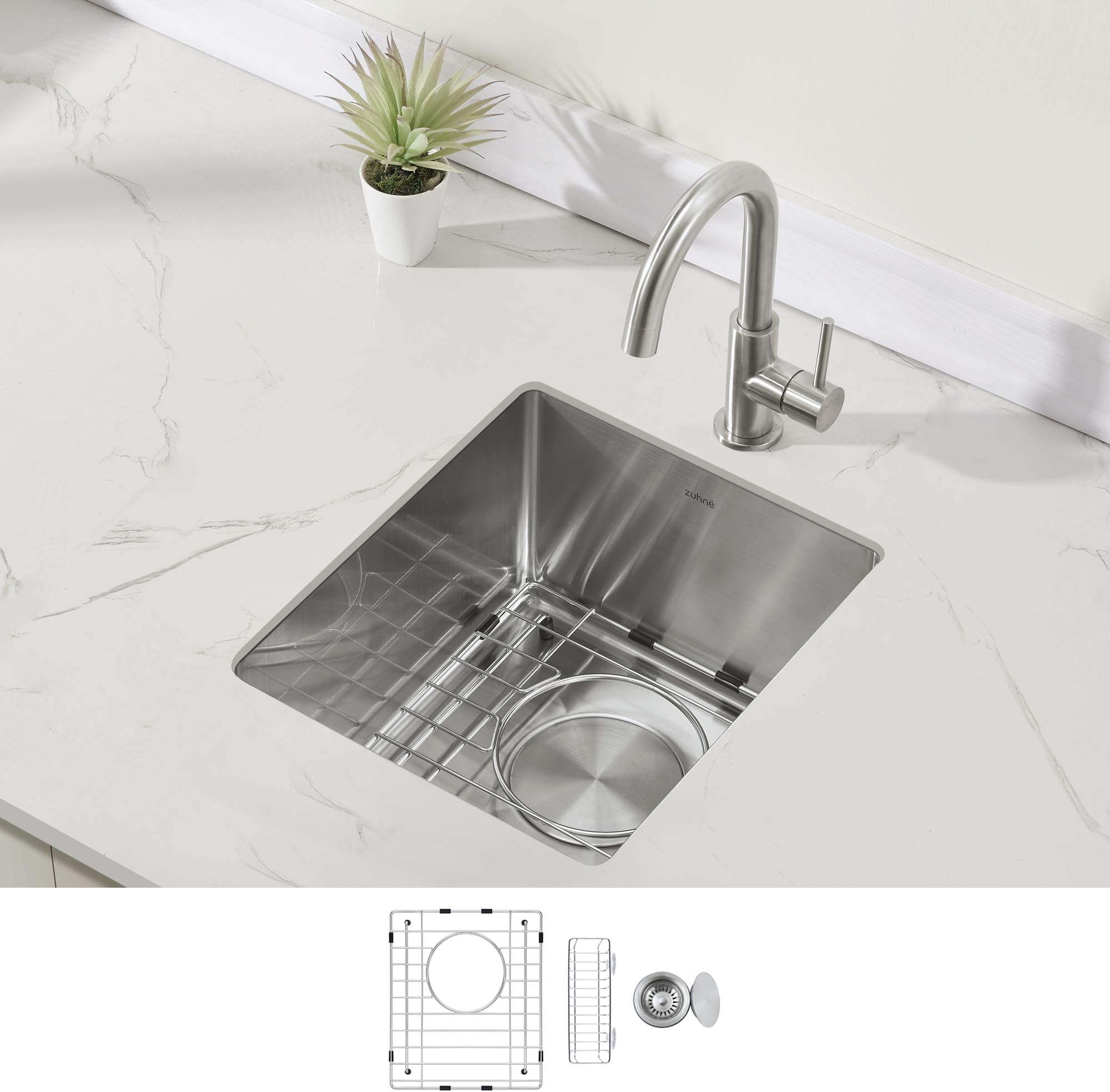 ZuhneModena Undermount Single Bowl 16 Gauge Stainless Steel Kitchen Sink 13" W x 15" D x 8" H Silver KM-BN0Z-AVSP