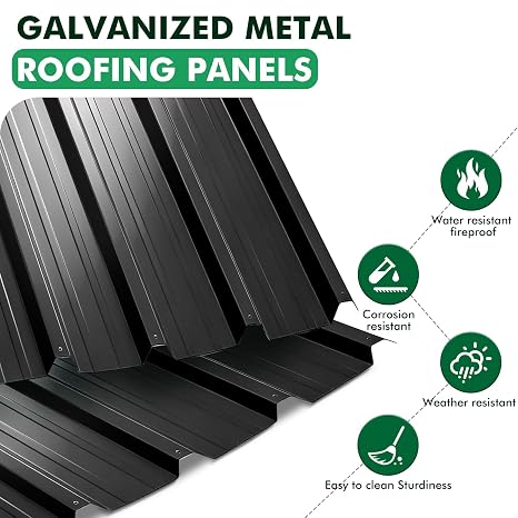 Corrugated Roofing Sheets 12pcs, Galvanised Metal Roofing Sheets, Box Profile 110x45cm Coated 7m² Trapezoidal Grooved Roof sheets, Waterproof Tiles Shed Roof Covering Outdoor Wall Cladding (Black)