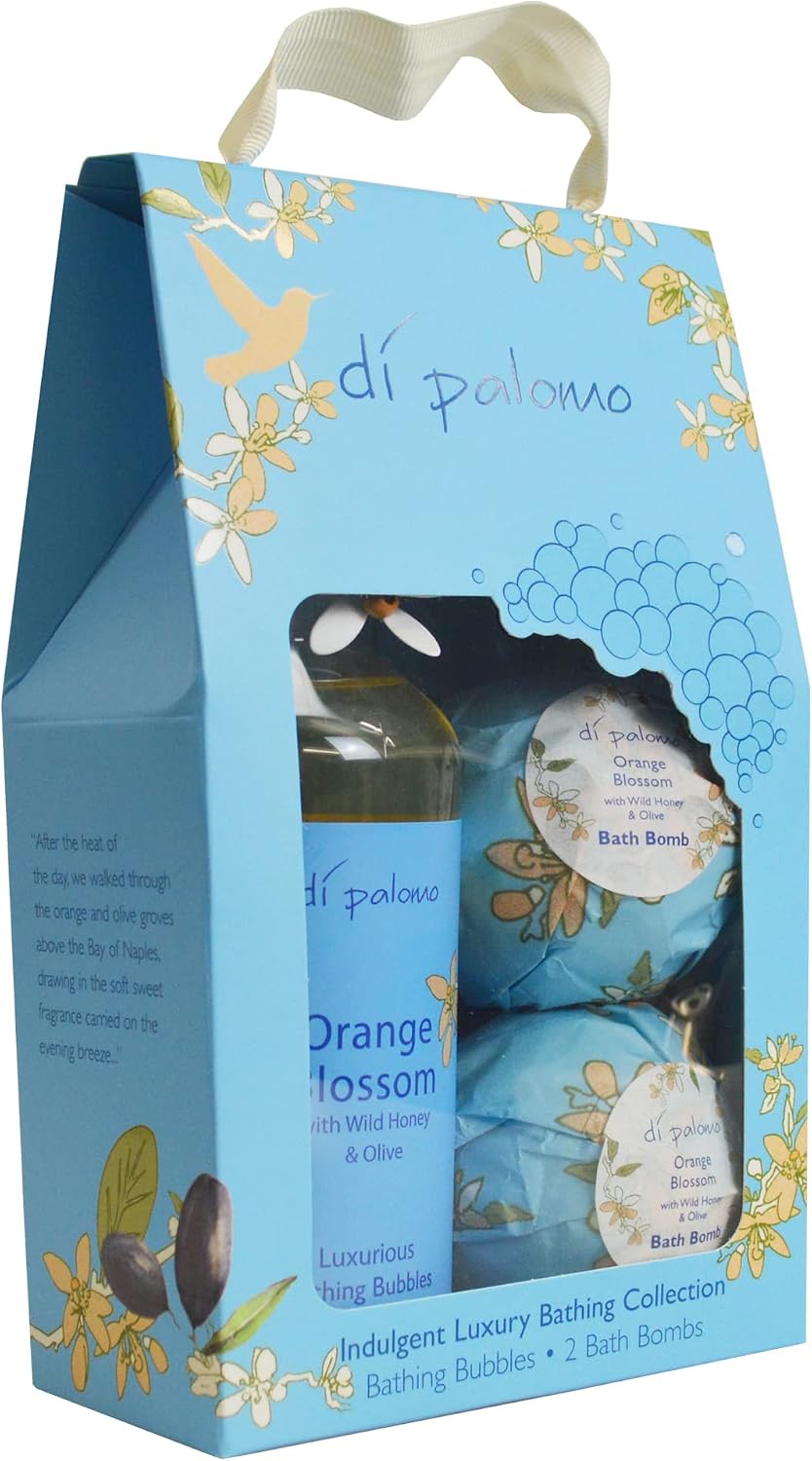 Di Palomo Orange Blossom & Honey Indulgent Luxury Bathing Collection. Bathing Bubbles 300ml & 2 Bath Bombs. Bubble Bath Body Wash & Bath Bomb Bath Set. Bubble Bath & Shower Gel Gifts for Women