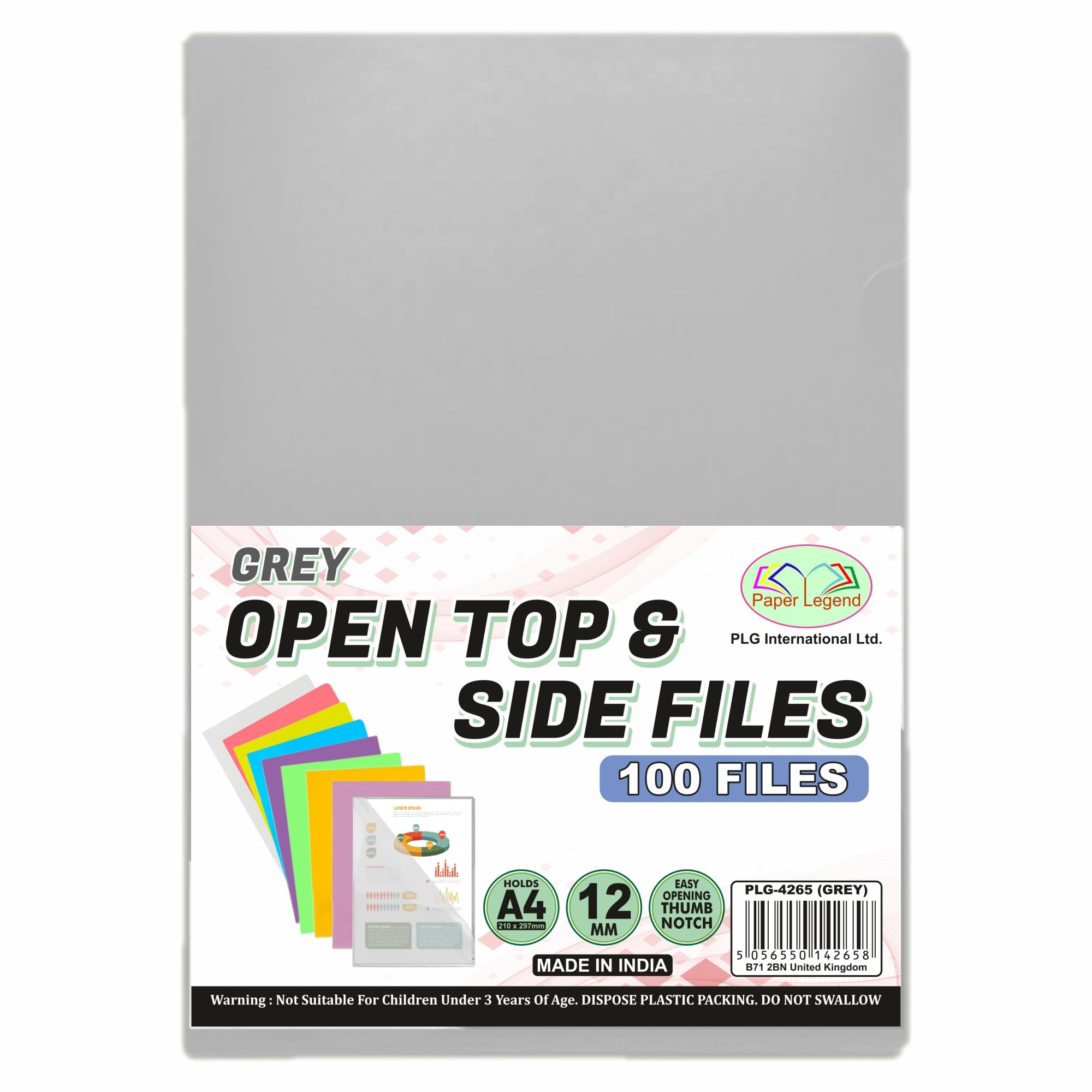 (100 Pcs) A4 Cut Flush - Open Top & Side Files L Type Folder to Protect Files 12mm Transparent Plastic Wallet Sleeves Gloss & Plain Project Presentation Cover Thumb Notch for Paper Storage (Grey)