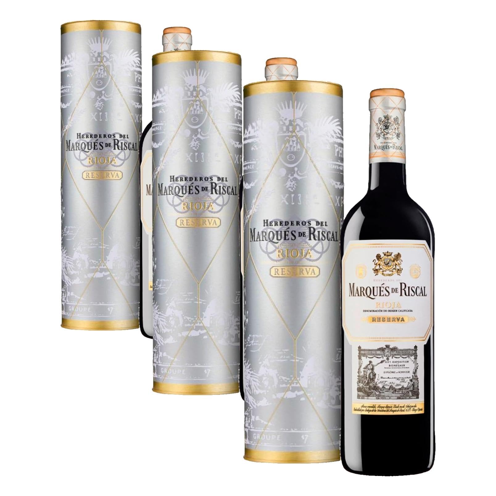 Marques De Riscal Vino Tinto Reserva Denominación de Origen Calificada Rioja, Variedad Tempranillo, 24 Meses en barrica, Botella individual con cánister de 750 ml (Paquete de 3)