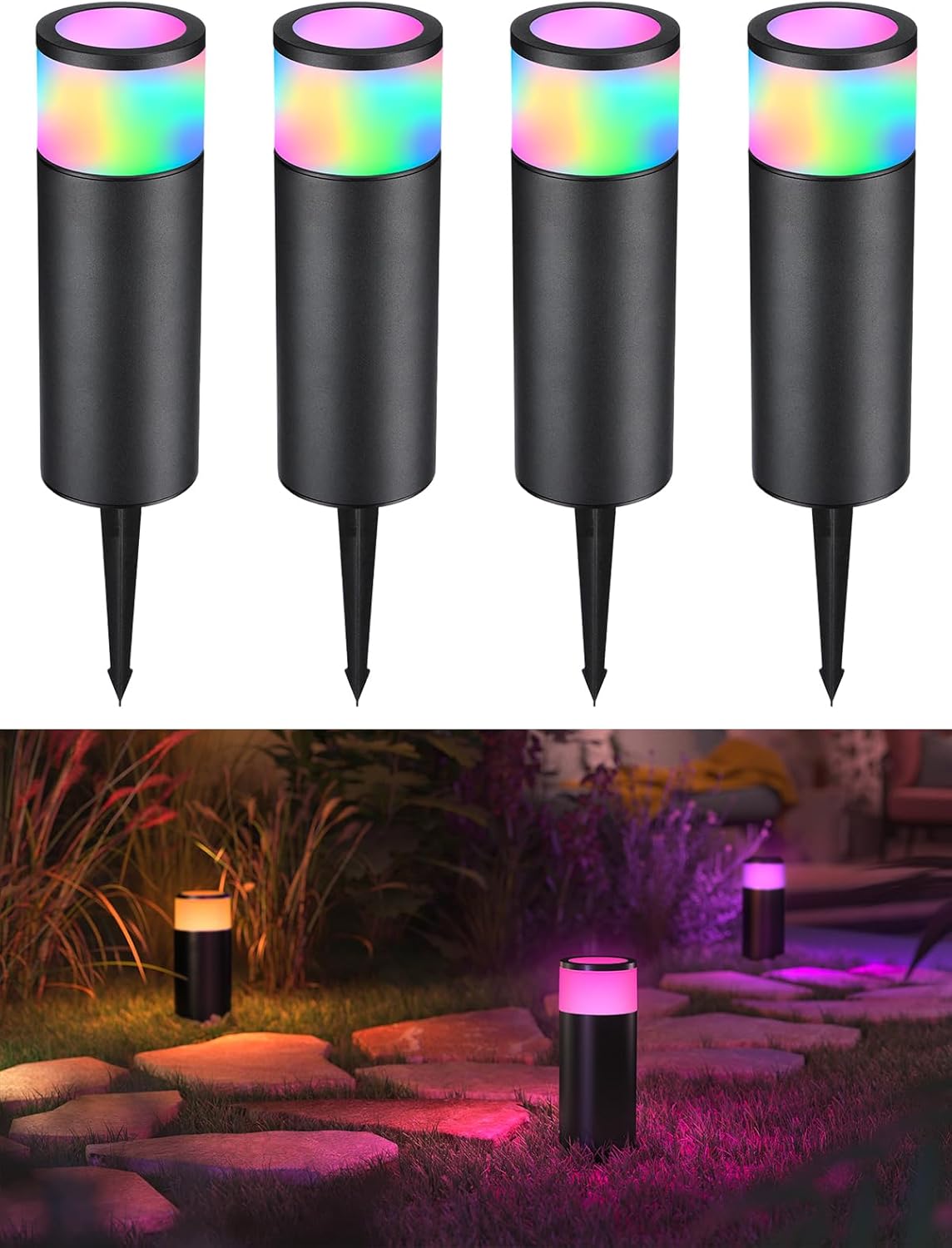 LEONLITE RGB Low Voltage Path Lighting, 4.5W LED Landscape Bollard Pathway Light, Landscape Lights Outdoor for Yard, 7 Color Change, Die-Cast Aluminum IP65 Waterproof, Pack of 4