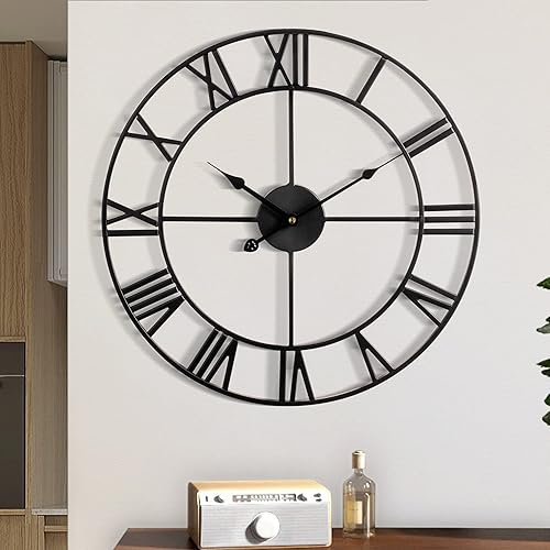 Reloj de pared grande, reloj retro de metal con números romanos, relojes de pared redondos y silenciosos, fáciles de leer para sala de estar, hogar,