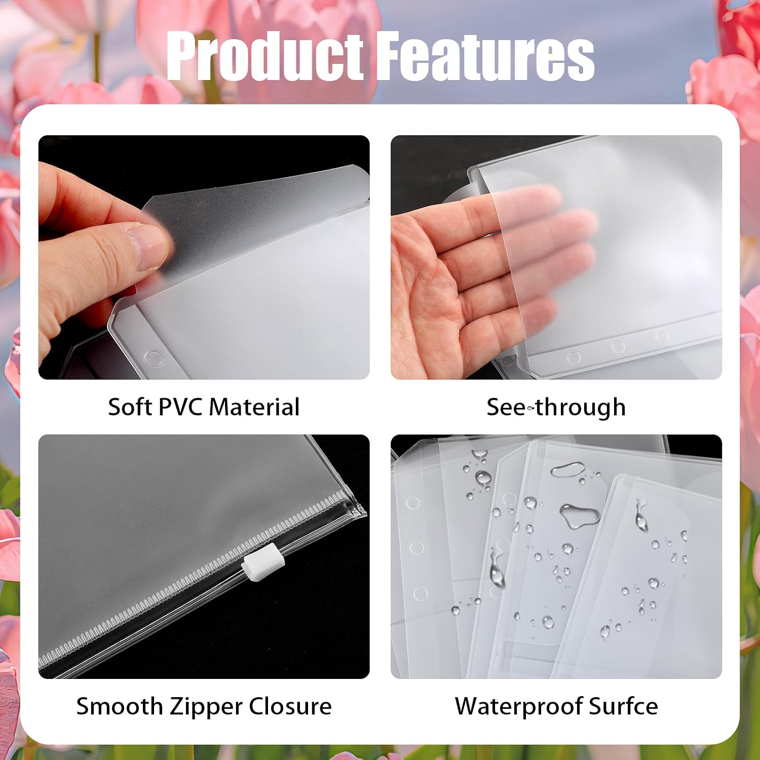 16 Pcs A6 Binder Pockets,6-Hole Frosted Zipper Folders Cash Envelopes for 6-Ring Binder,Waterproof Money Folder Organizer Bill Pouches Business Card Sleeves,PVC Page Protectors (4 Styles) image 3
