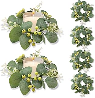 6 Pcs Candle Rings Wreaths, Green Wreath, Table Centerpiece Decorations Home, Boho Candle Pillars Holder