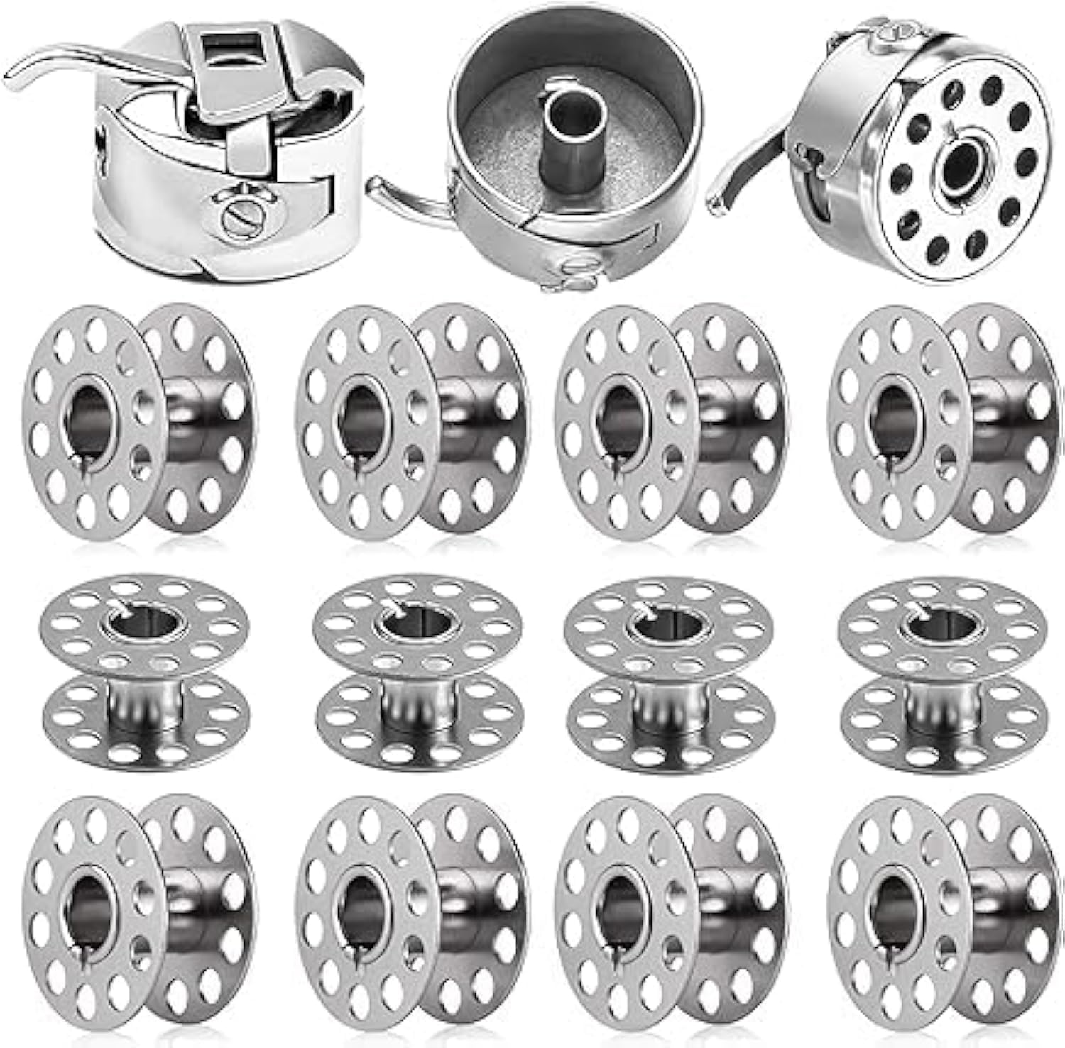 Sewing Machine Bobbin Case Holder Stainless Steel and 12 Pieces Metal Replacement Machine Bobbins Spool Universal fits Most Brands for Front Loading 15 Class Machines
