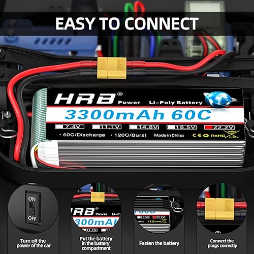 Miniatura 6 de HRB Paquete de 2 baterías 6S 22.2V 3300mAh 60C XT60 RC Lipo Compatible con RC Helicóptero Avión Coche Barco Camión