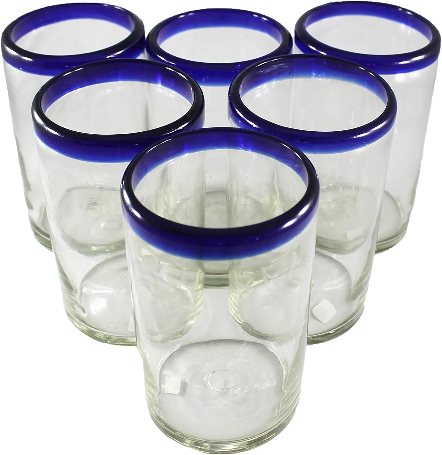 Fiesta Brands Mexican Blue Rimmed Drinking Glasses, Recycled Glass Hand Blown Heavy Thick Glassware Stemless Margarita Wine Cups Cobalt Kitchen Set of 6 Handcrafted Rustic 14 Oz
