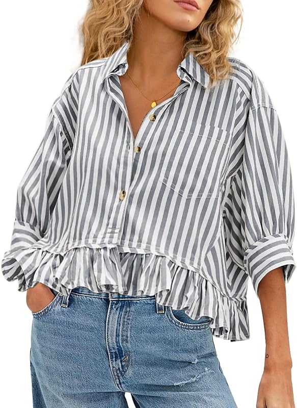 CHYRII Womens Summer Tops Dressy Casual Blouse Top Ruffled Short Sleeve Button Down Striped Shirt