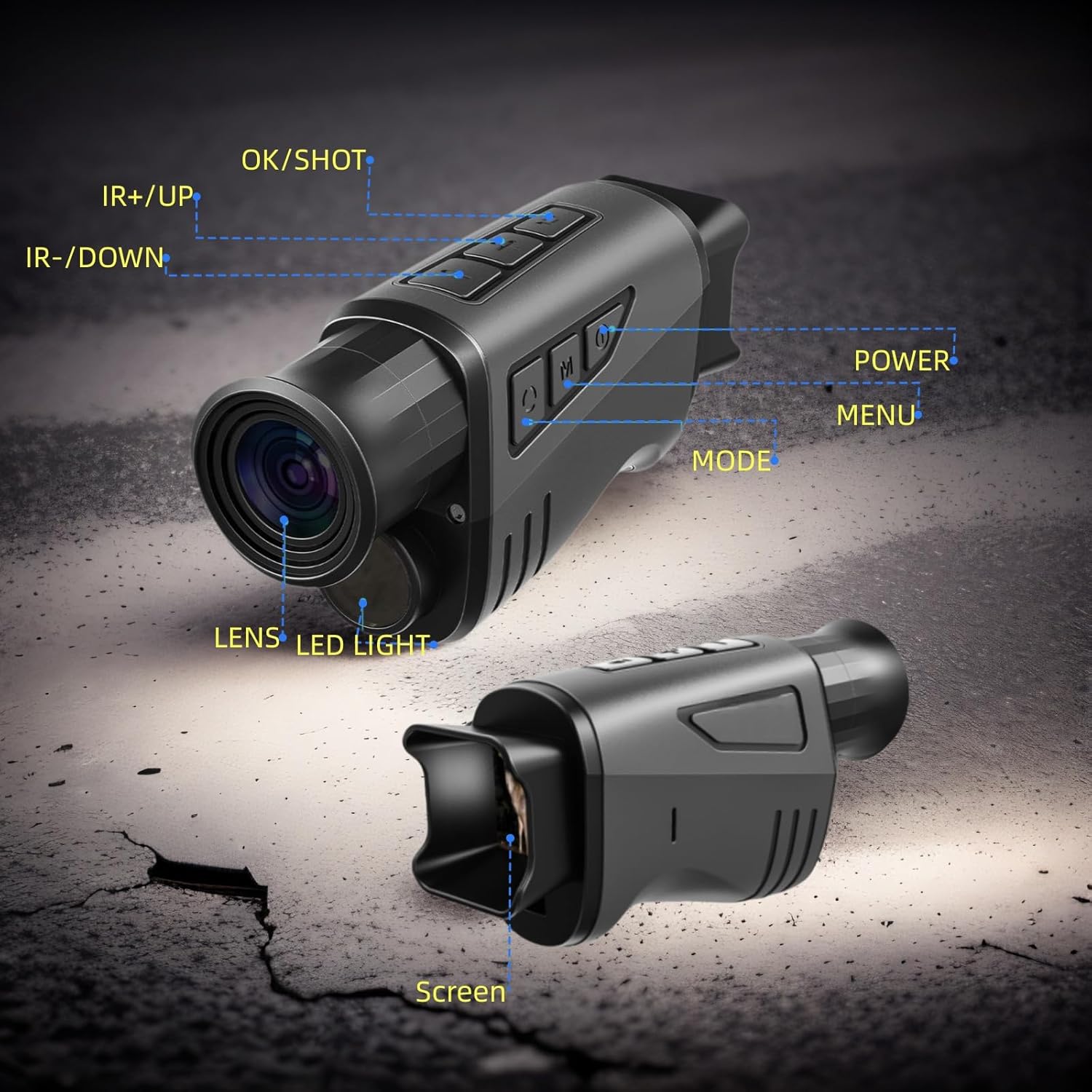 Diagram of Qpingan Digital Night Vision Monocular with labeled buttons and parts