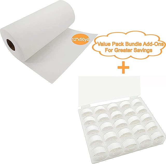 New brothread Cut Away Machine Embroidery Stabilizer Backing 12" x 50 Yd roll & New brothread 25pcs White 60S/2 (90WT) Prewound Bobbin Thread Plastic Size A