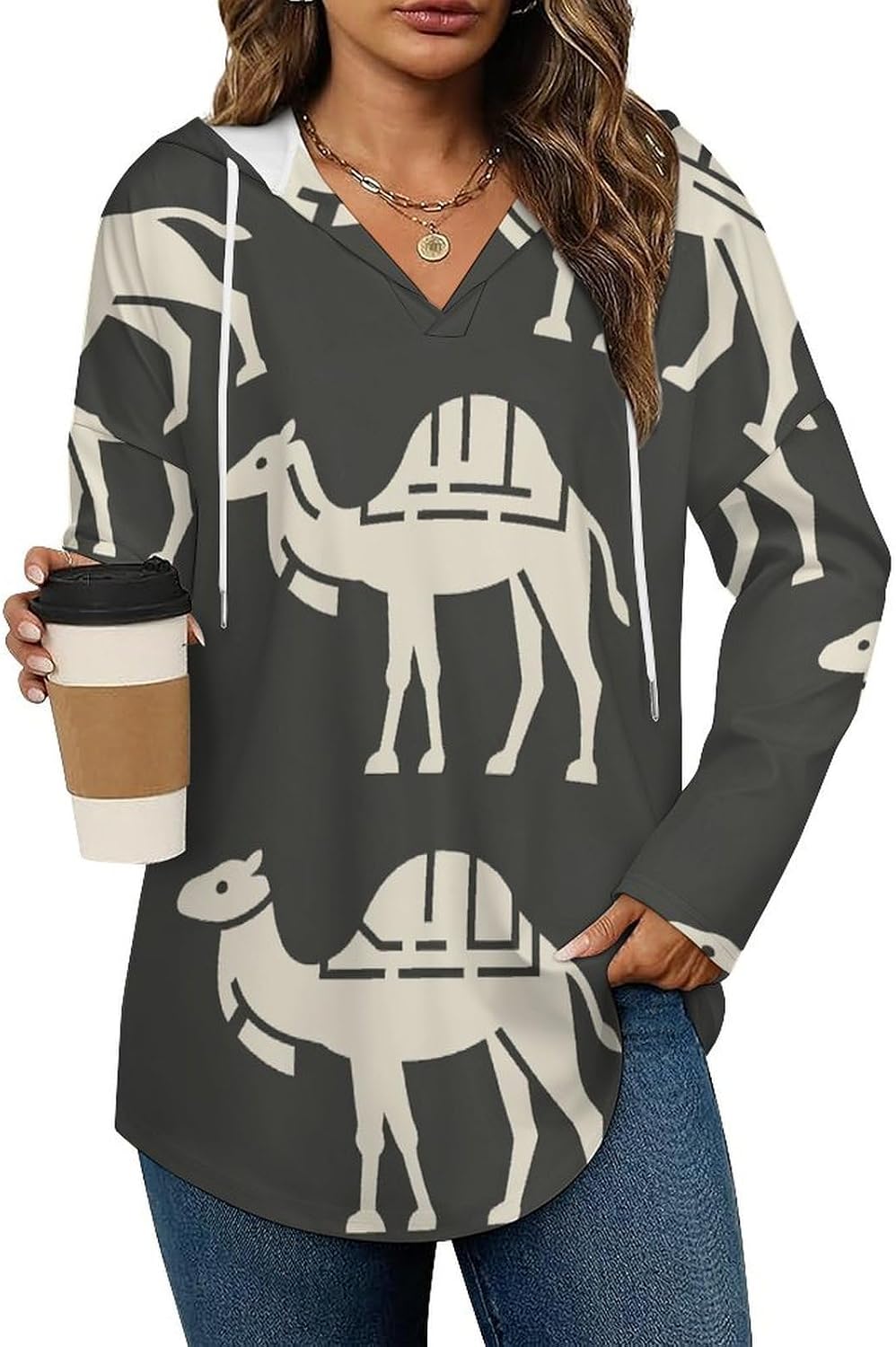 Women's V-Neck Hoodies Long Sleeve Pullover Sweatshirt with Drawstring, Loose Fit Lightweight Casual Top