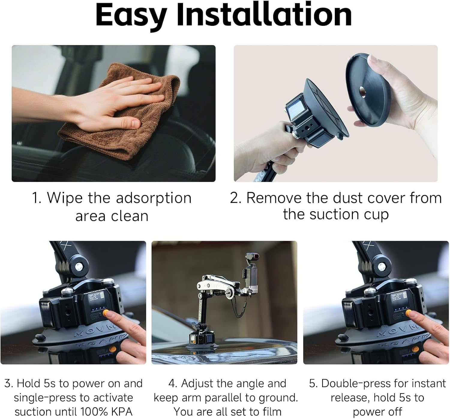 MOVMAX Blade Arm Solar Electronic Suction Cup Mount, Shock Absorber Arm Car Mount for DJI Pocket 3, GoPro Hero 13, 360 Action Cameras with Auto Pressure Detection & LCD Display, Pocket 3 Accessories