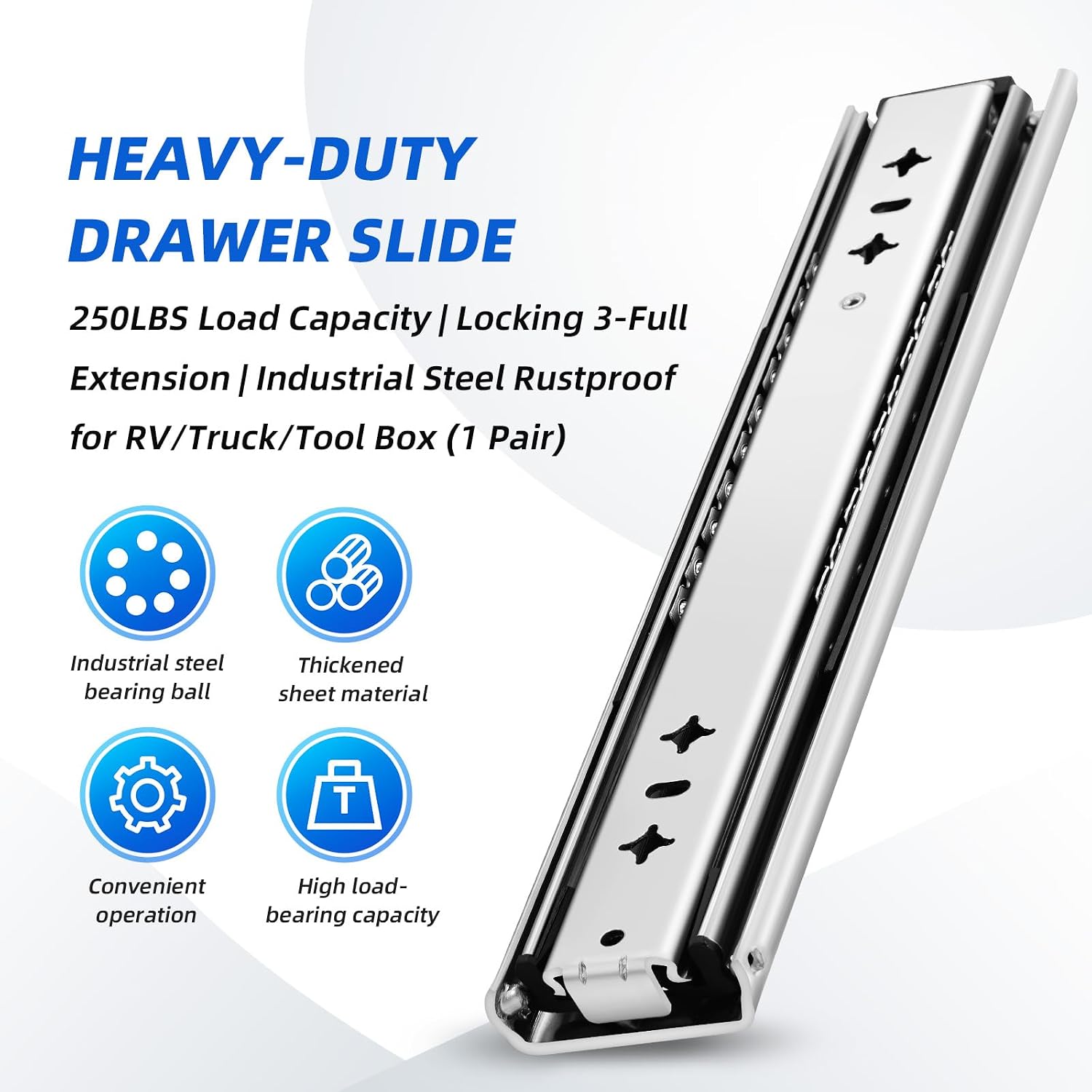 Heavy Duty Drawer Slides 12 14 16 18 20 22 24 26 28 30 32 34 36 40 Inch 250 Lbs Side Mount Full Extension Ball Bearing Rails Rail Tool Box Runner Glide 1 Pair -W:53mm, 12 Inch image 3