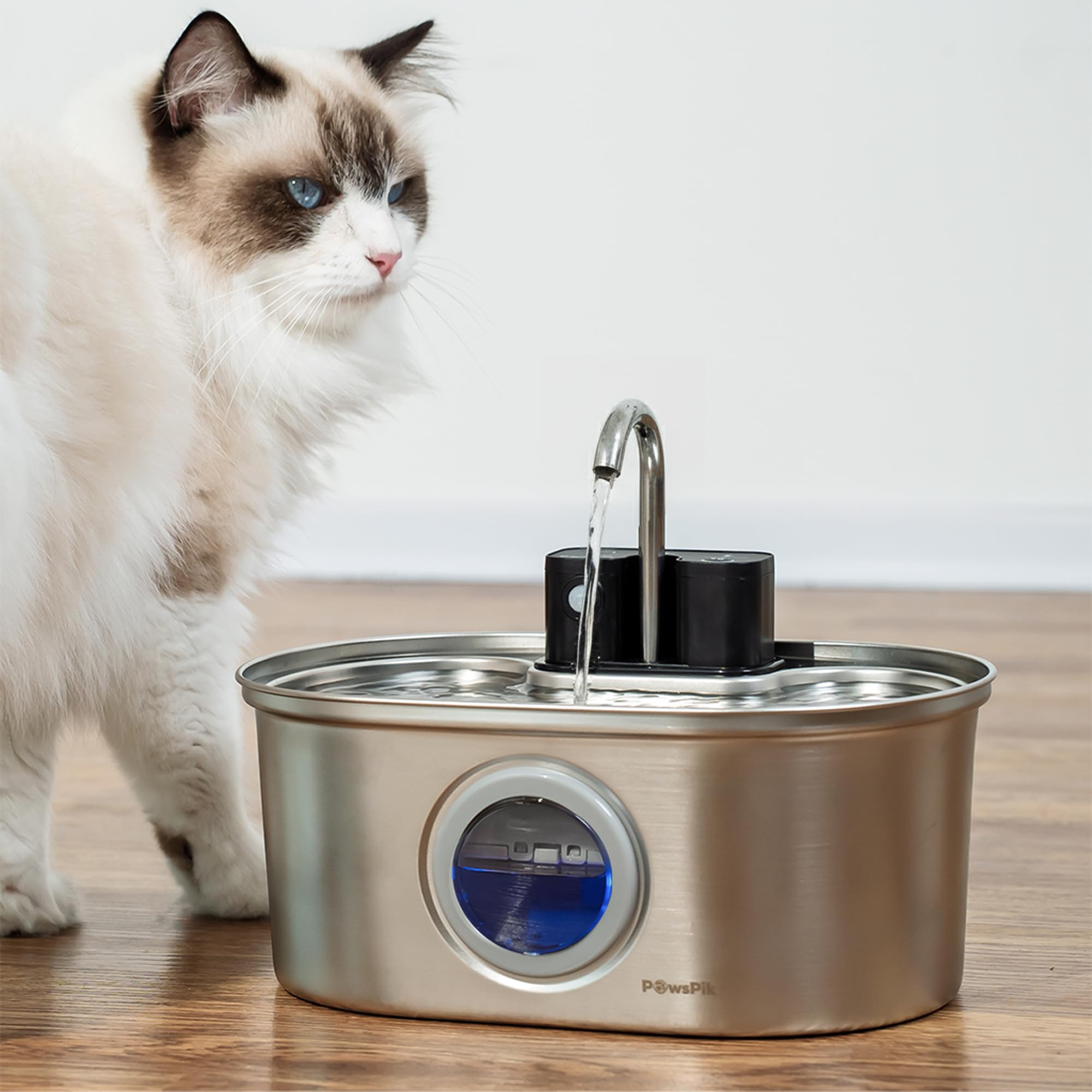 PawsPik Fuente de agua inalámbrica de acero inoxidable de 3.2 L, fuente de agua para mascotas, fuente de agua automática con filtro, sensor de movimiento y 3 modos de flujo para gatos y perros de