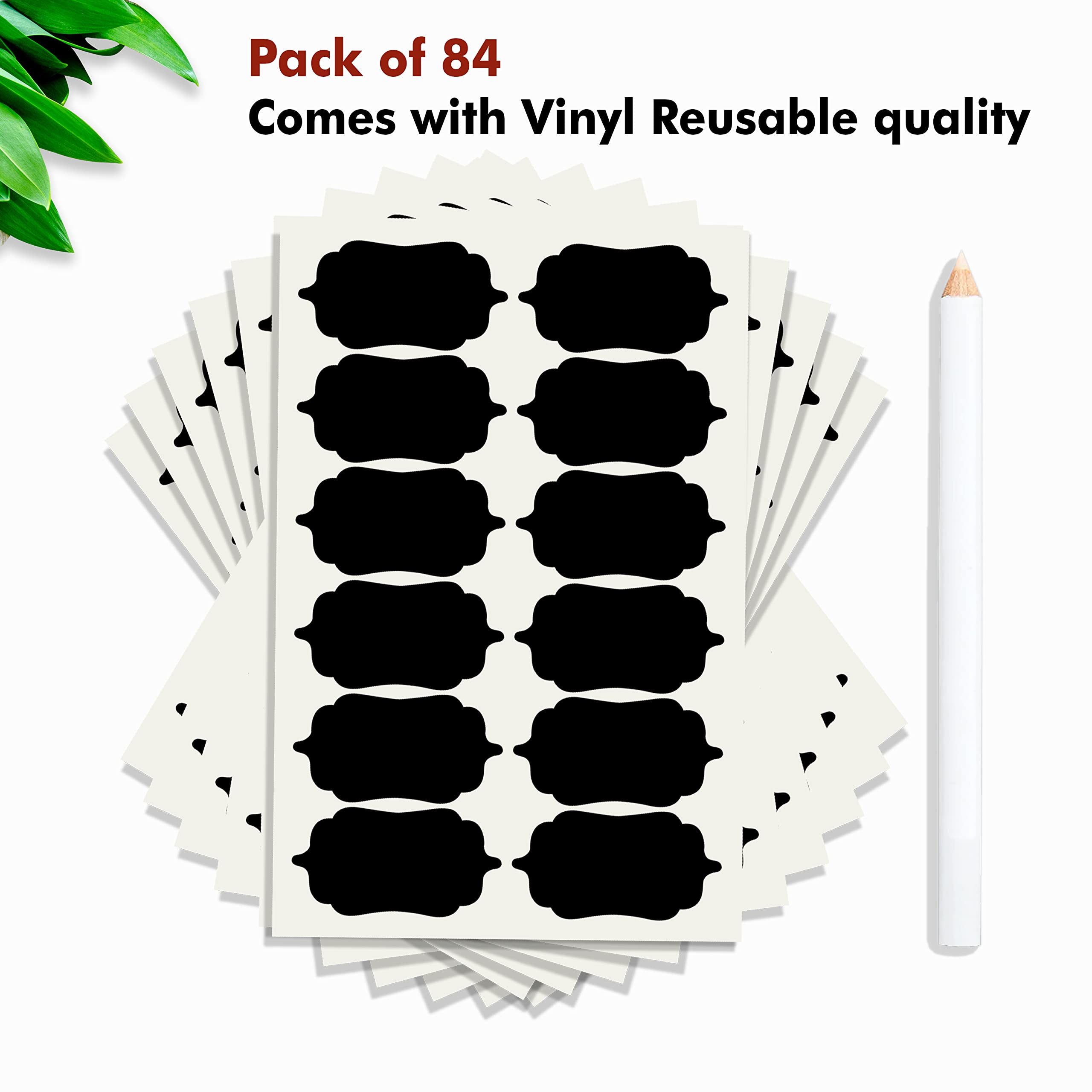 Clickedin 84 Pc Vinyl Black Stickers for Mason Jars Glass Bottles, Decals Craft, Kitchen Waterproof Jar Labels Stickers with Pencil (12 Same Shapes 2.5 Inch x 1.25 Inch) 2
