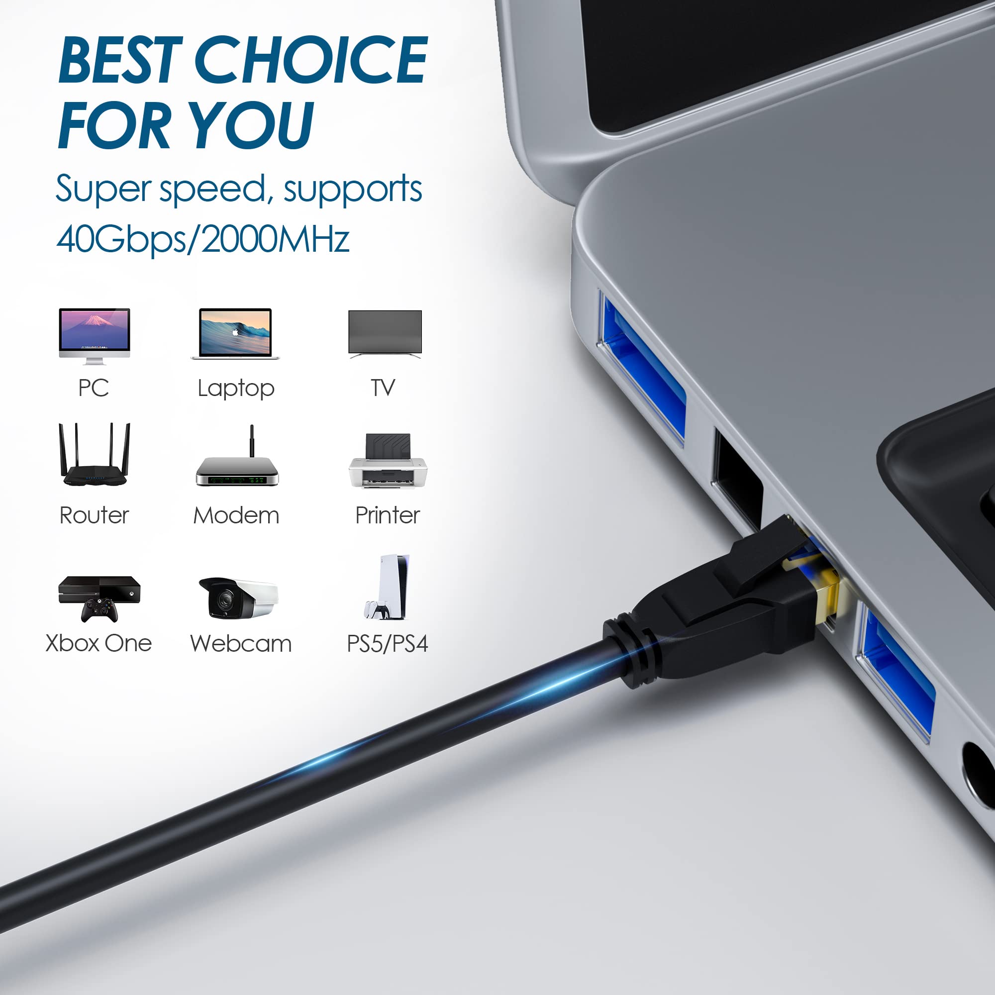 Cat8 Ethernet-Kabel, 15 m, für den Außenbereich, doppelte Ummantelungen (PVC + LLDPE), wasserdicht, direkte Beerdigung, in Wand/Boden, 40 Gbit/s, SFTP, POE, Netzwerk, Internet, CAT6 CAT5E, CAT. 38 EU