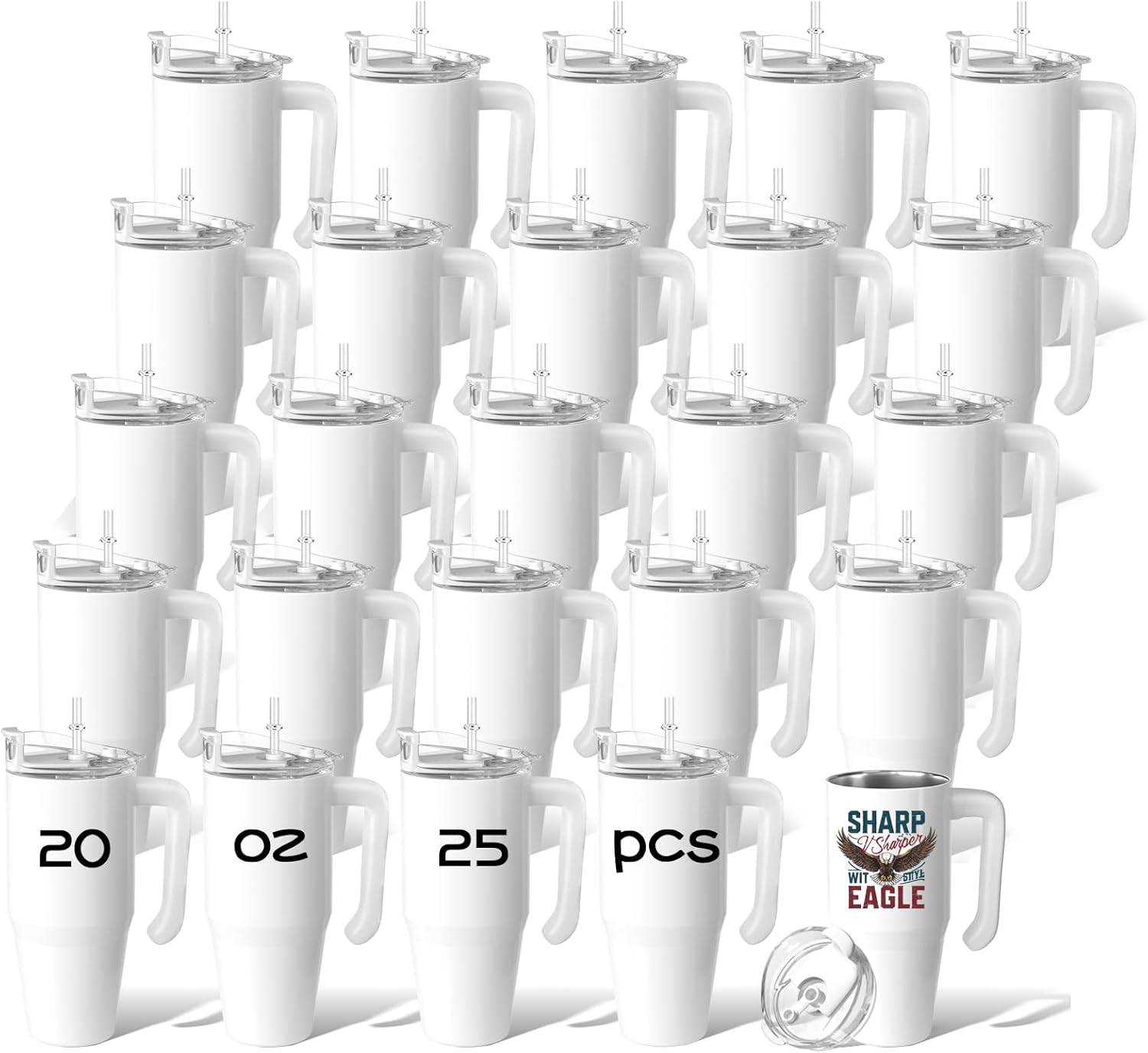 25 Pack 20 oz Sublimation Blank Tumblers with Handle and Lid Bulk Stainless Steel Double Vacuum Insulated Mug Heat Press Transfer Printing DIY Cup