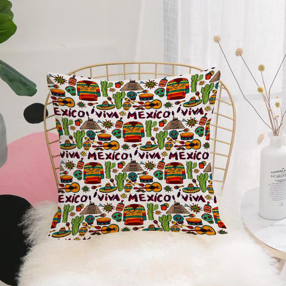 HYOSXW Cushion Cover,Throw Pillow Case Home Decorative for Living Room Bedroom Sofa Chair 16X16 Inch,Mexican decorations, Viva Mexico with native elements Poncho Tequila Salsa Hot,Pillowcase 40X40cm