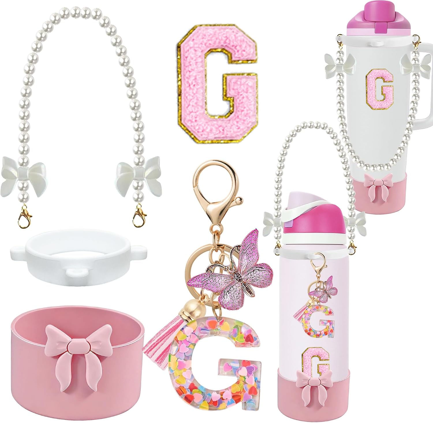 Bow Boot Accessories Set for Owala Pearl & Stickers (G, Pink, 24OZ)