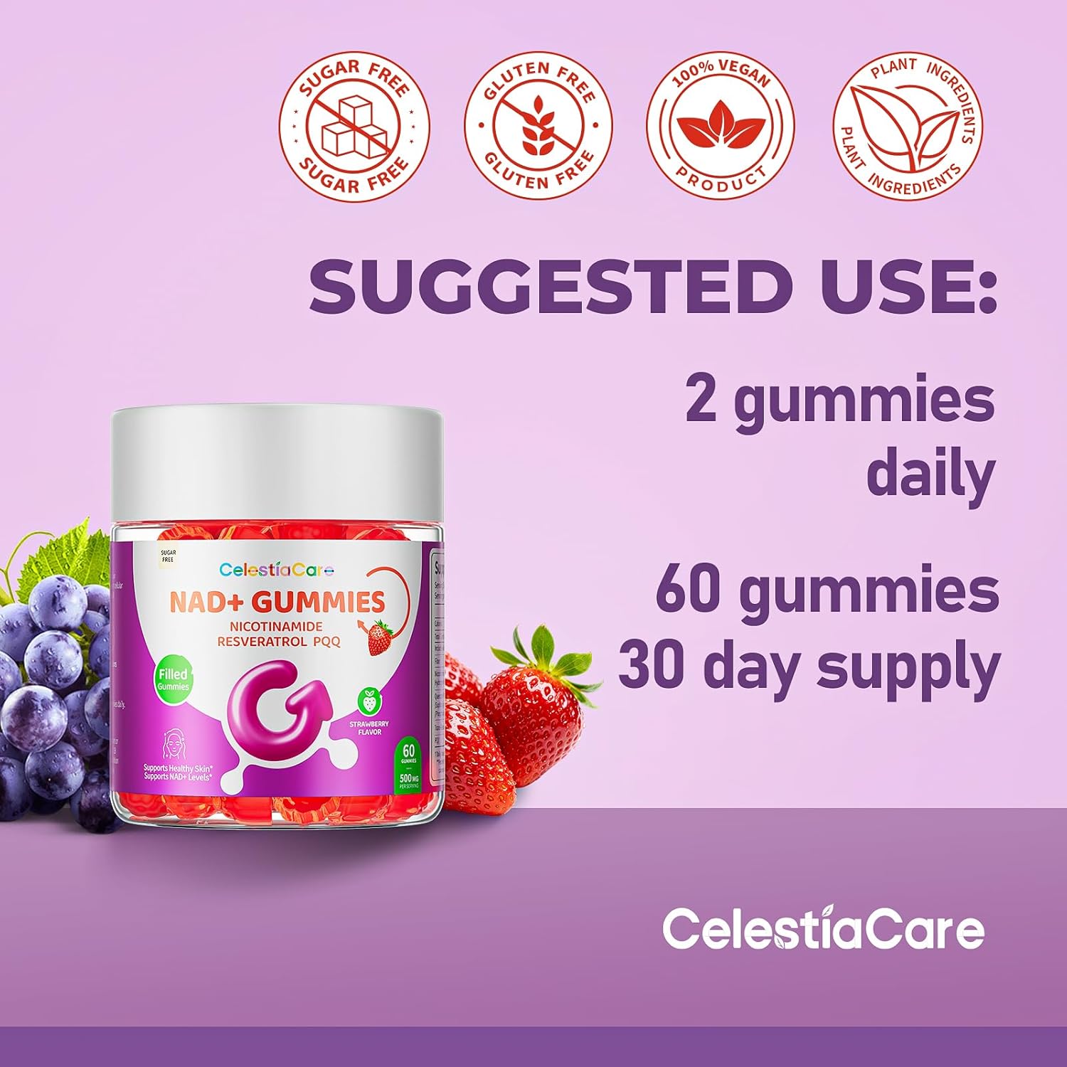 NAD+ Gummies with Nicotinamide Riboside, Quercetin Phytosome, Resveratrol, PQQ, High Fiber, Sugar Free, for Antioxidant & Cellular Energy Support, 120 Count - Image 4