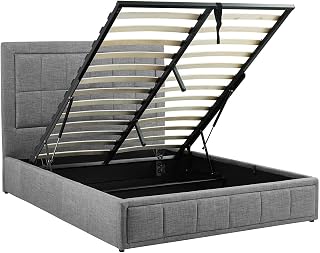 Foret Bed Frame Gas Lift King Size Premium Linen Fabric Bedroom Furniture Wooden Base Storage Grey Gray