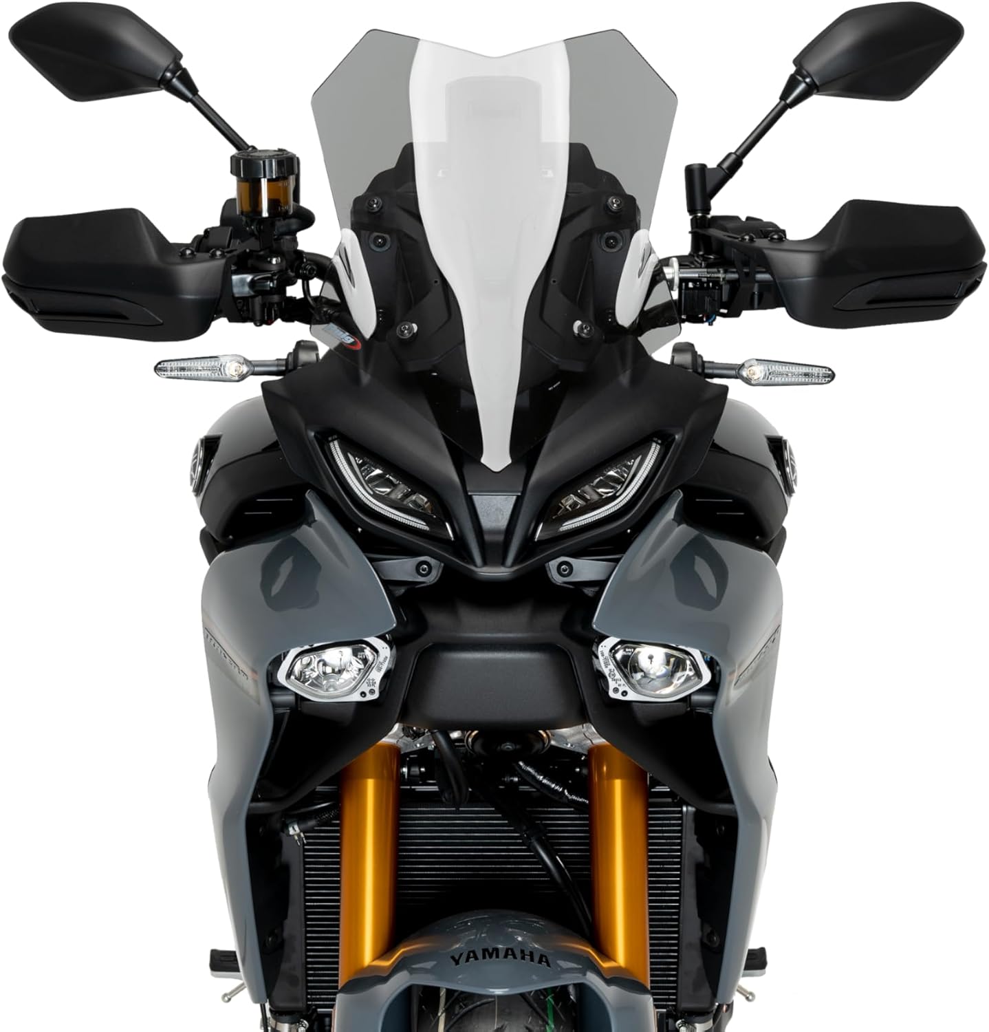 Primer pla view of the Puig Sport Screen's mounting point on a motorcycle, showing the attachment mechanism.