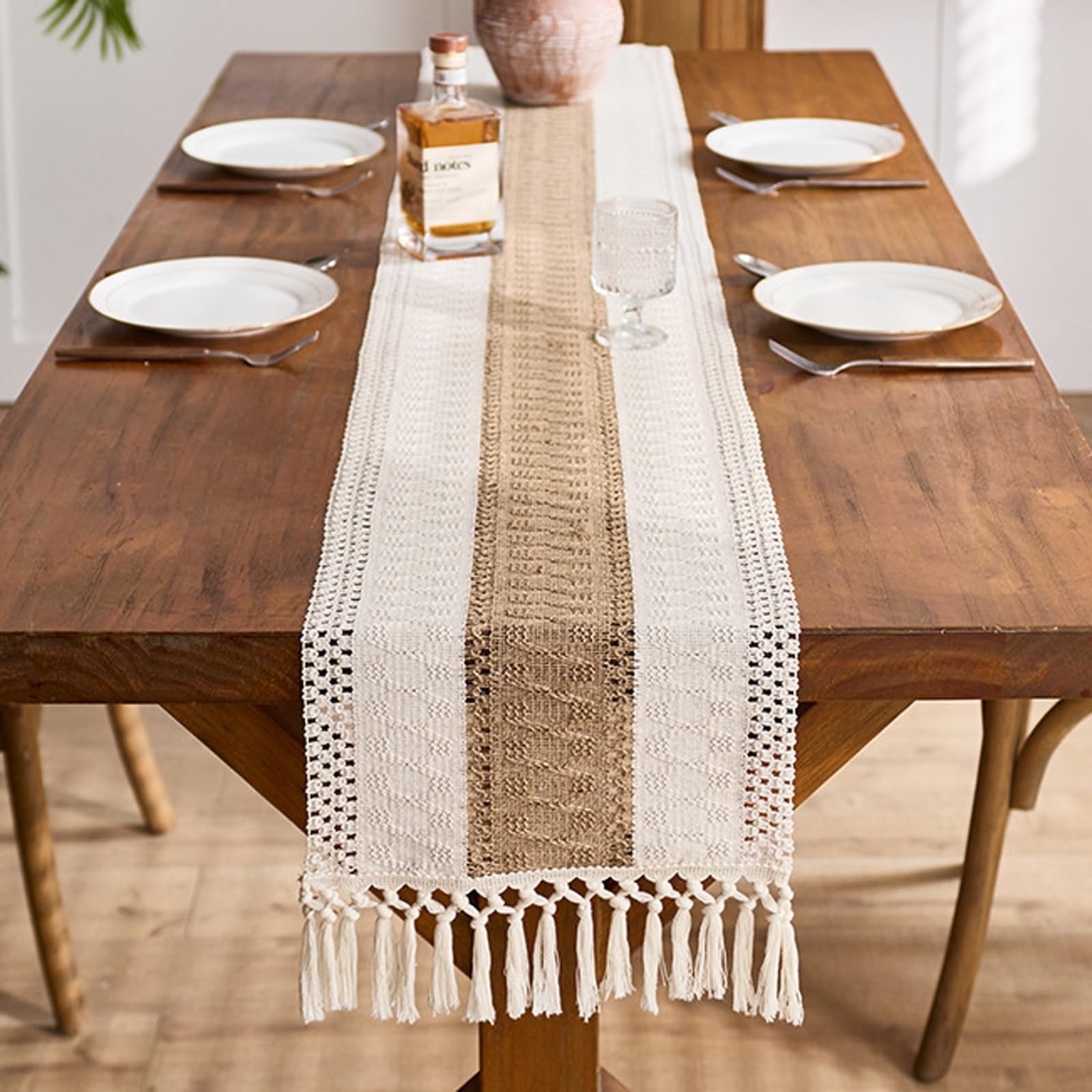 Tischläufer Hochzeit Polybaumwolle, Tischläufer Wohnzimmer 30x300 cm, Zweifarbig Khakifarbener Stoff mit Quasten