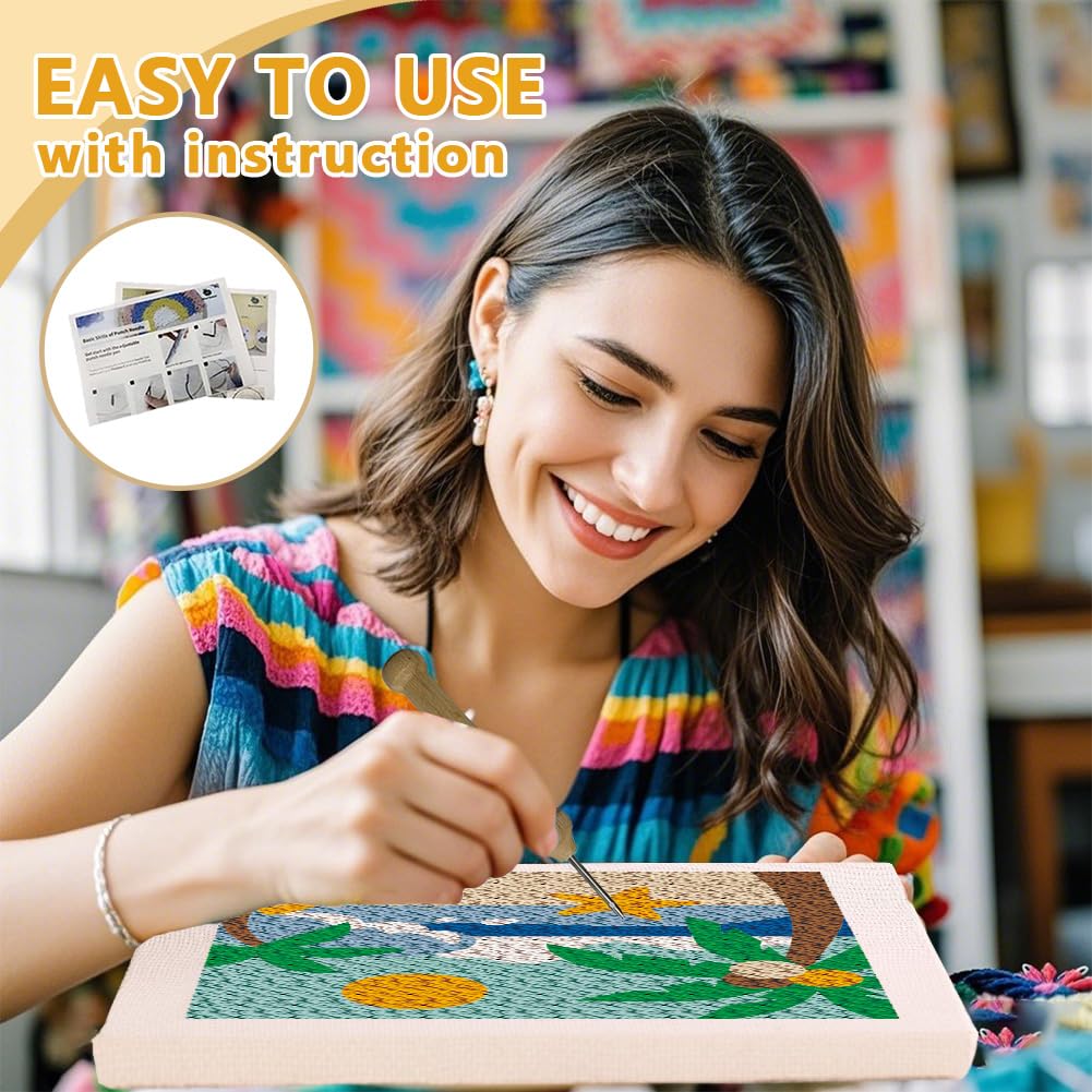DOODLREAM Summer Beach DIY Punch Needle Embroidery Kit for Adult Beginner 24cm Coconut Trees Ocean Punch Stitching Craft Set for Starter with Frame Fabric Pattern - Image 3