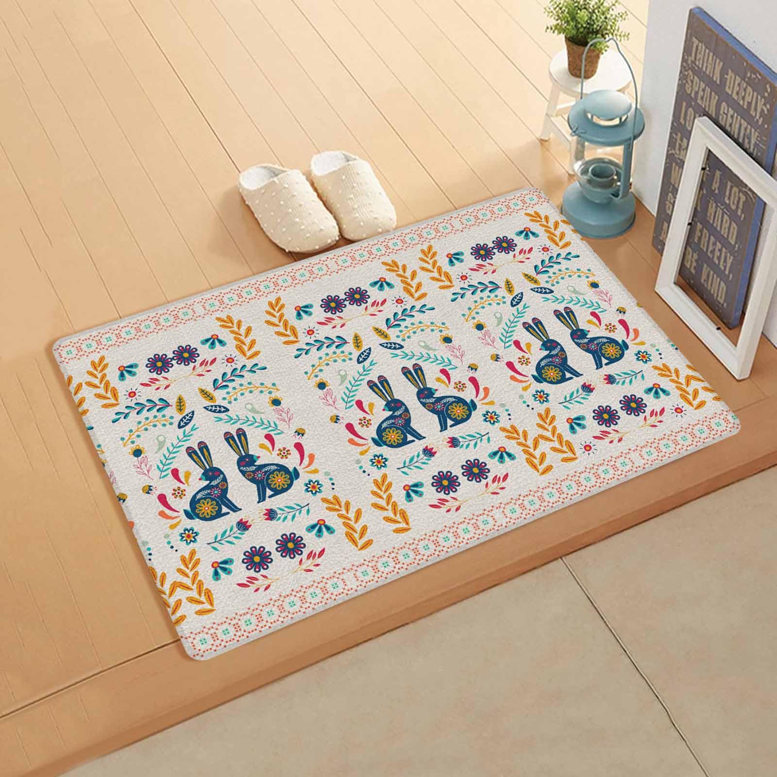 Easter Boho Bunny Kitchen Bath Door Mat Cushioned Runner Rug,Washable Welcome Floor Sink Antifatigue Mat,Waterproof & Non-Slip Comfort Standing Doormat,Vintage Original Colorful Flowers Print 20