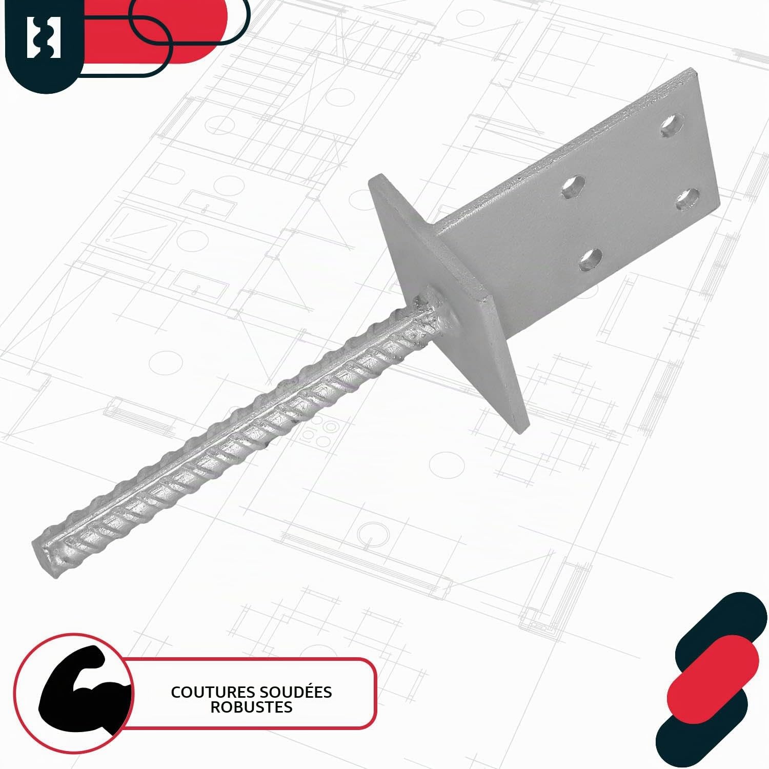KOTARBAU® Support de poteau en T 130 x 90 x 6 mm à sceller dans le béton avec ancrage béton en acier d'armature, galvanisé à chaud