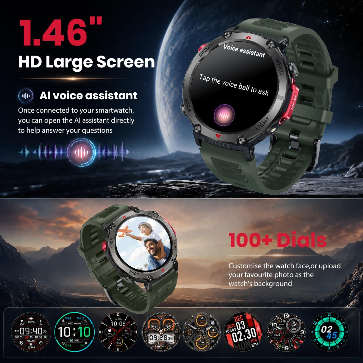 Orologio Smartwatch Uomo con GPS Sport: 1.46" Rotondo Orologi Intelligente con Chiamate Bluetooth Fitness Smart Watch LED Flashlight Monitoraggio Sonno IP68 Impermeabile Compatibile con iOS Android