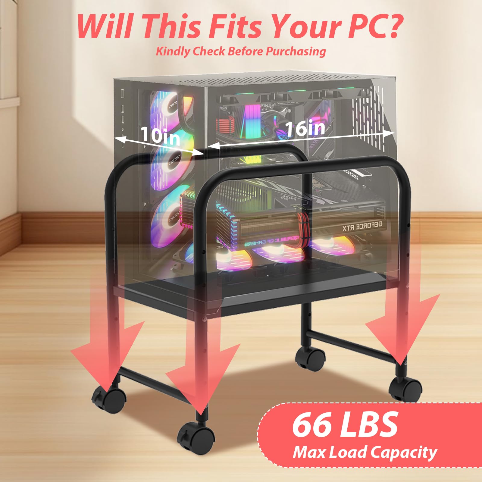 Verstellbarer PC Ständer mit Rollen, Höhenverstellbarer PC Tower Ständer für unter den Schreibtisch, PC Rollwagen mit 360° Lenkrollen, Passend für die meisten Mid-Tower, Max. Belastung 28 kg