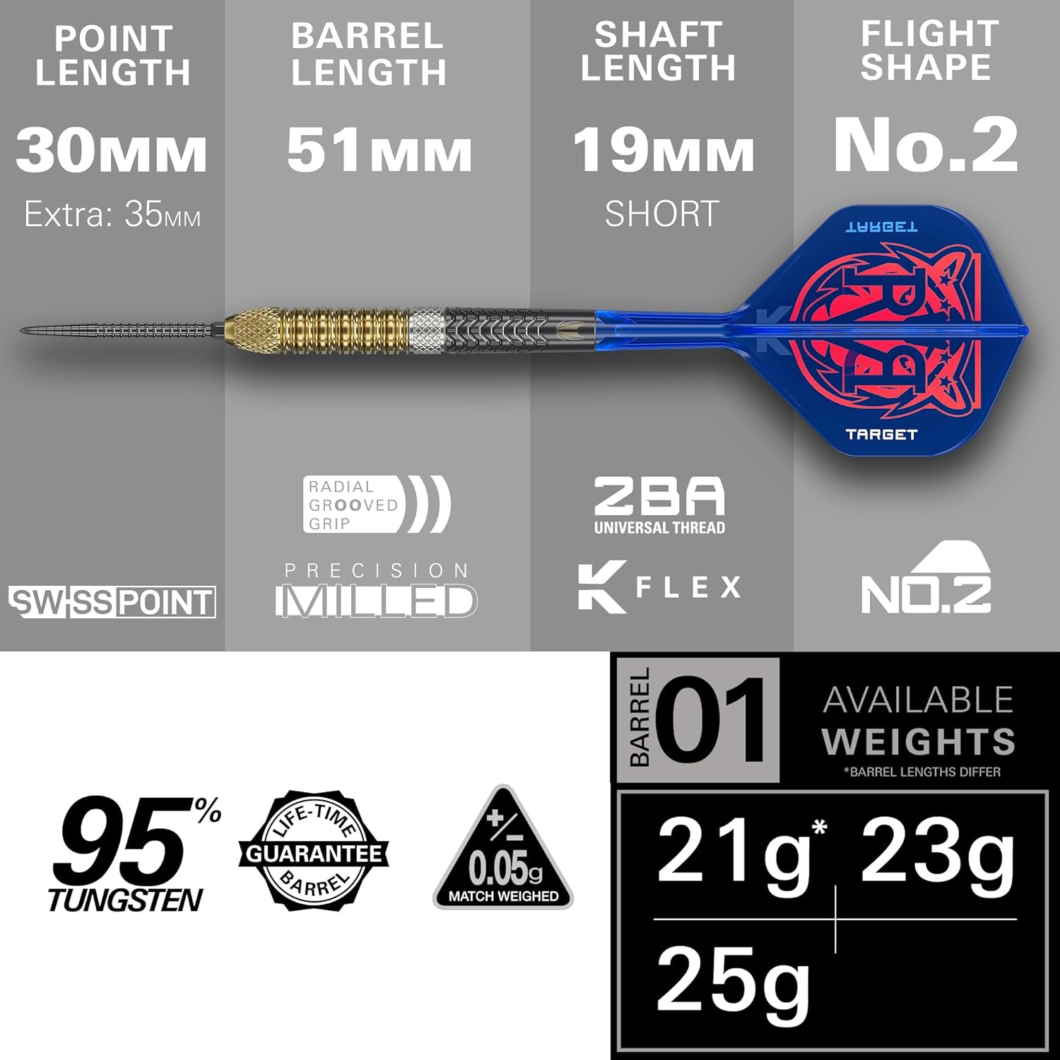 Target Darts Raymond Van Barneveld Steel Tip Generation 6 Dart Set, 21G/23G/25G | 95% Tungsten Darts, K-Flex No.2 Flights & Shafts, Swiss Chrono Points Black & SP Tool Included | Player Edition