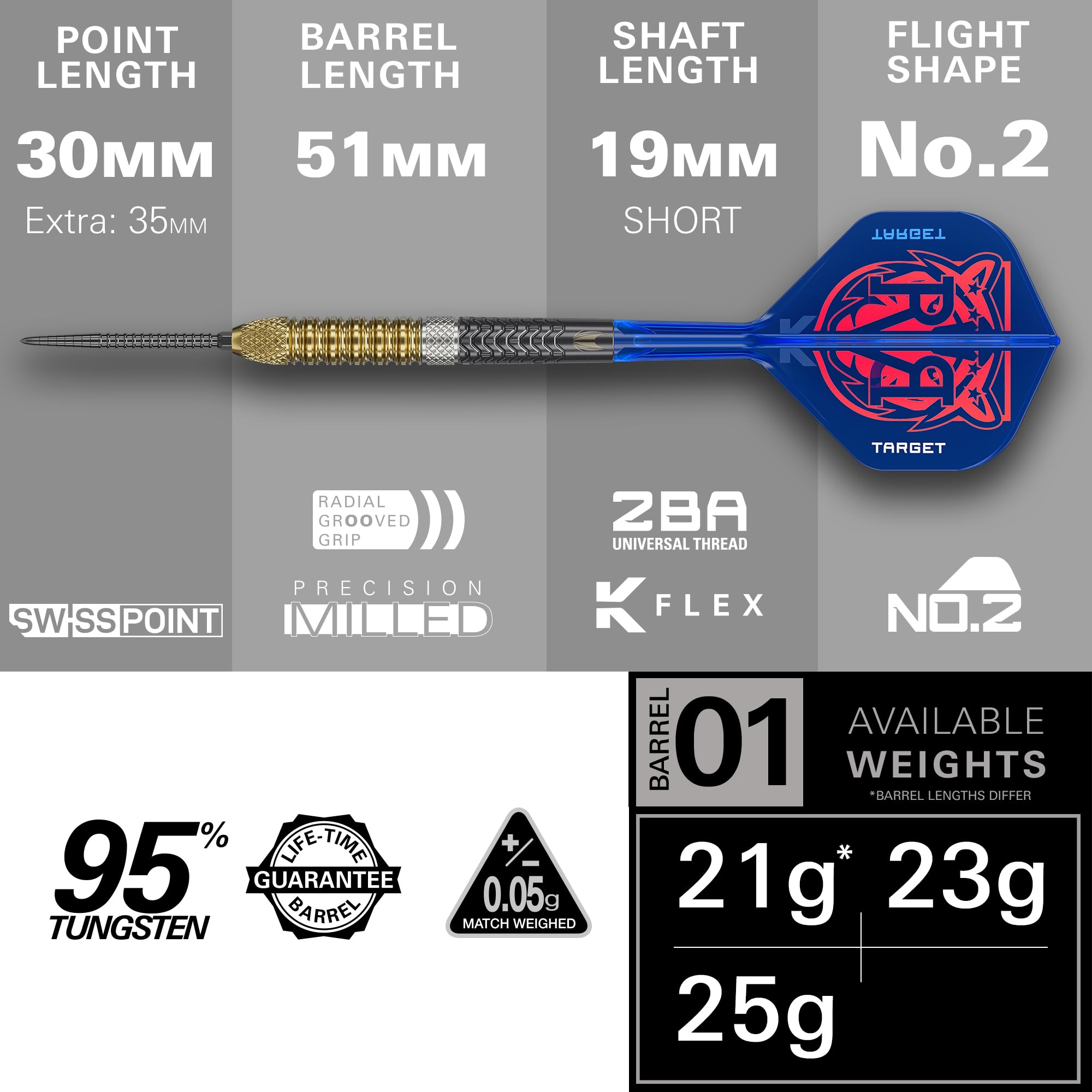 Target Darts Raymond van Barneveld Steel Tip Generation 6 Dart Set, 21G/23G/25G | 95% wolframowe rzutki, lotki i trzonki K-Flex nr 2, czarne końcówki Swiss Chrono Points i narzędzie SP w zestawie