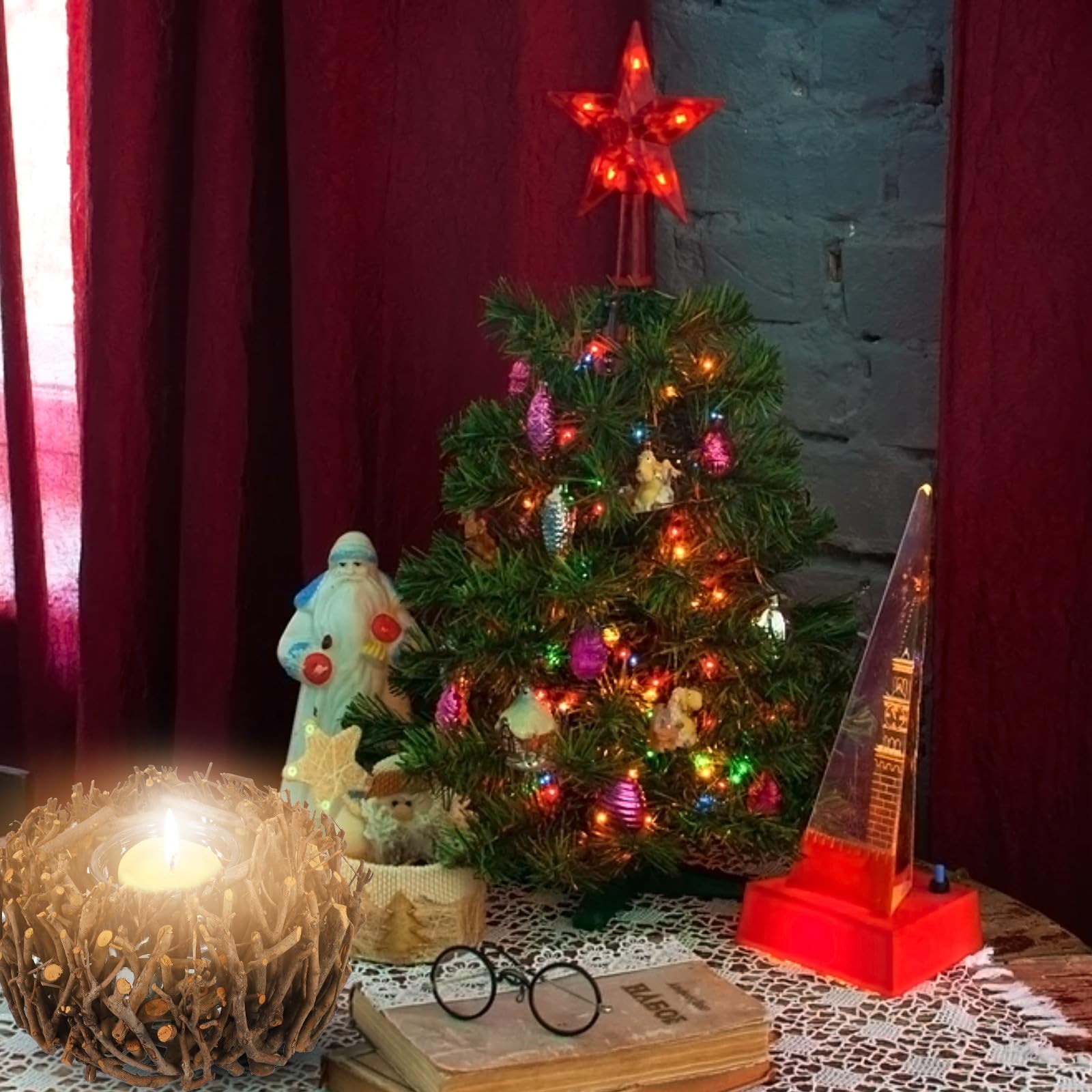 Candeliere Decorativo a Nido di Rami in Legno e Vetro Marrone