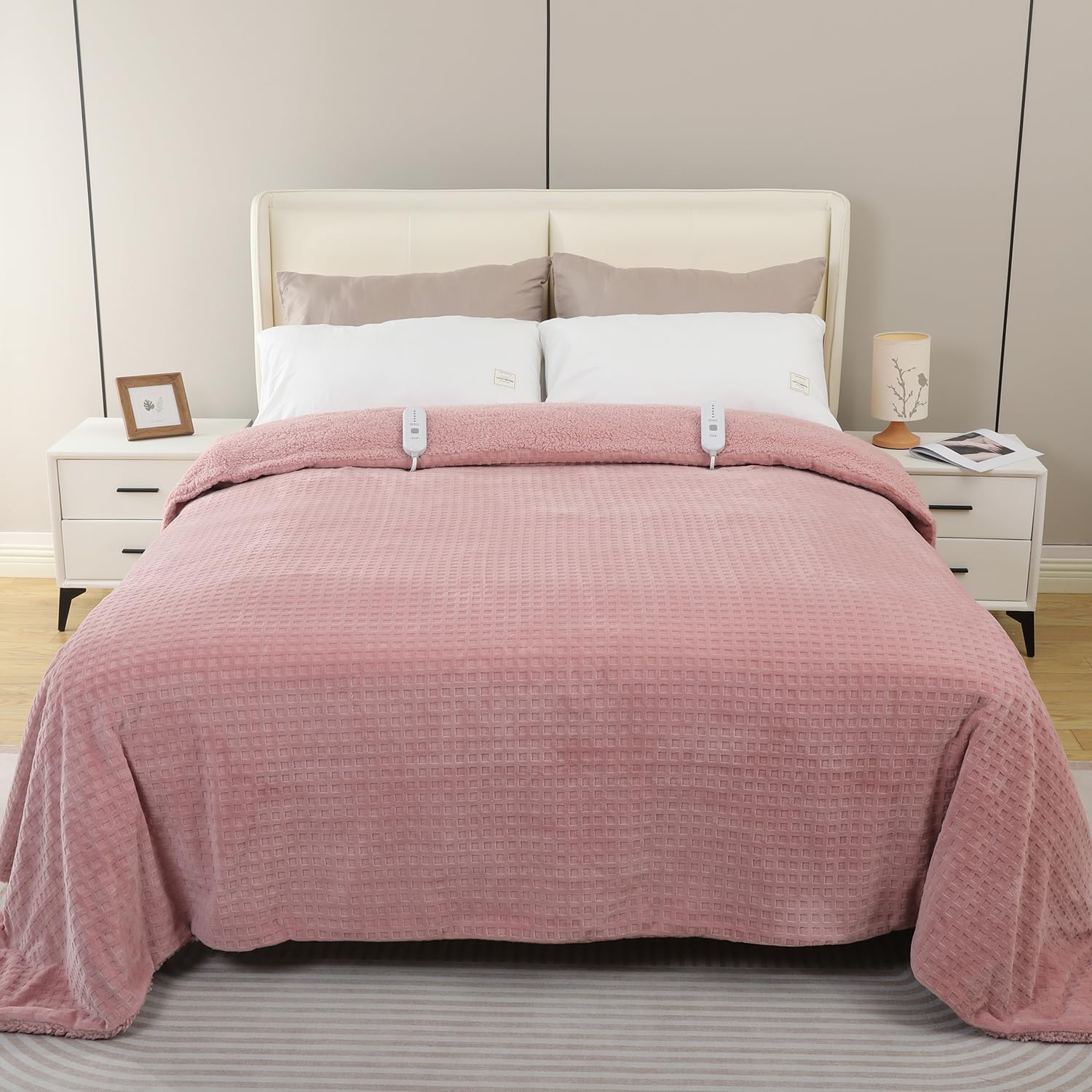 Dowin Pink Heated Blanket Queen Size - Waffle Electric Blankets with Dual Control, 5 Heating Levels, 10 Hrs Auto Off, Sherpa Flannel Warming Blanket for Bed, Machine Washable, 84×90" - Image 2