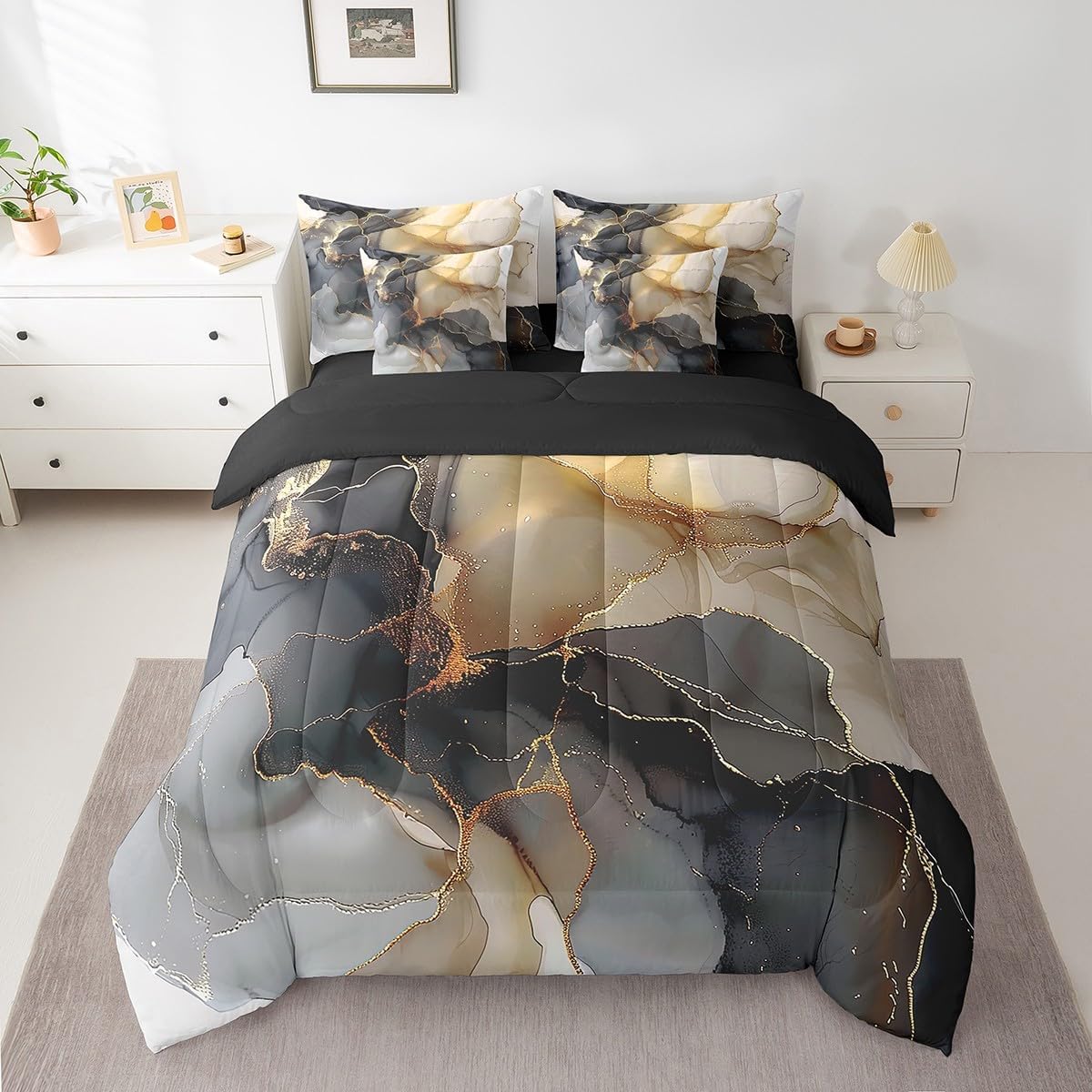 Chic Marble King Comforter Set 7-Piece Black Gold Watercolor Bedding Comforter Sets for Boys Girls, Mountain Fluid Bed in a Bag Aesthetic Marbling Bedding Set, Stone Pattern Bed Sheets Set Black Gold King image 2 of 7 B0DCJY2KNC