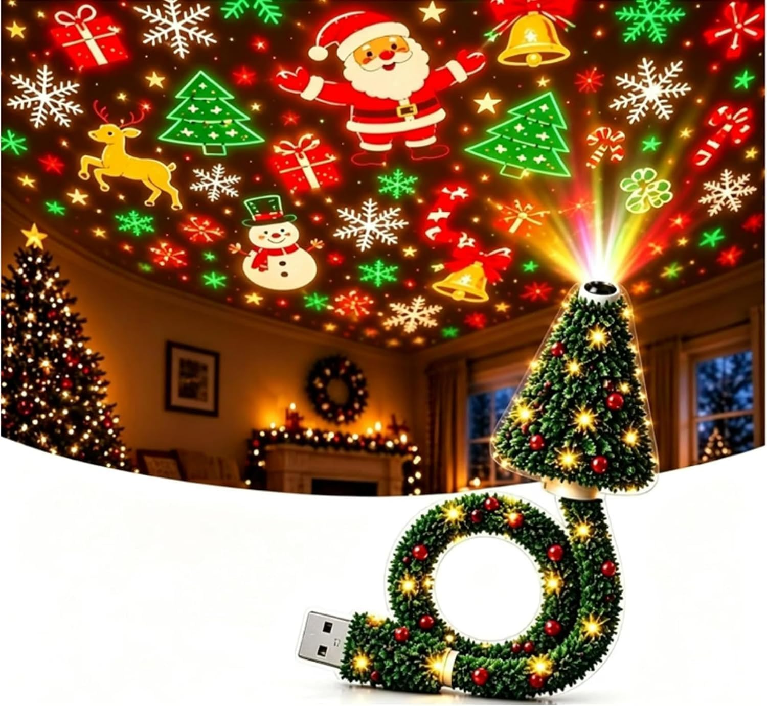 Christmas Ceiling Projector Light Indoor USB Night Light Tree Lamp，1pc