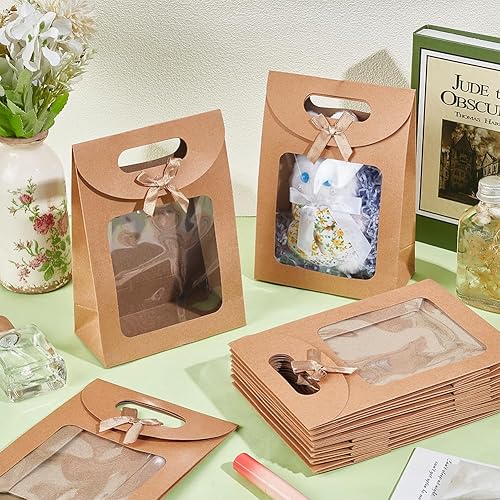 Miniatura 6 de NBEADS 12 bolsas de papel kraft con ventana, 2.8 x 7.8 x 7.7 pulgadas, bolsa de regalo de pie con asas, bolsa de regalo marrón con ventana