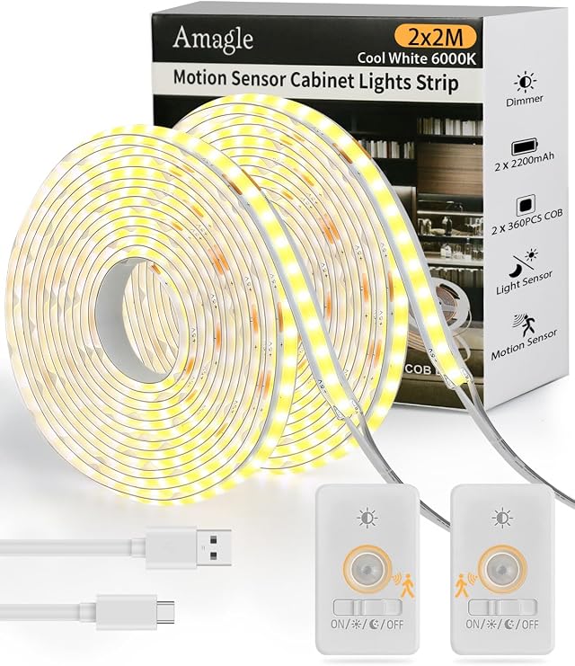 2 Pezzi 2Metri Striscia Luci COB Led Con Sensore di Movimento Sottopensile a Batteria Ricaricabile 2200mAh Senza Filo Dimmerabile Luce Notturna USB Armadio Strisce Led Cucina Specchio da Trucco