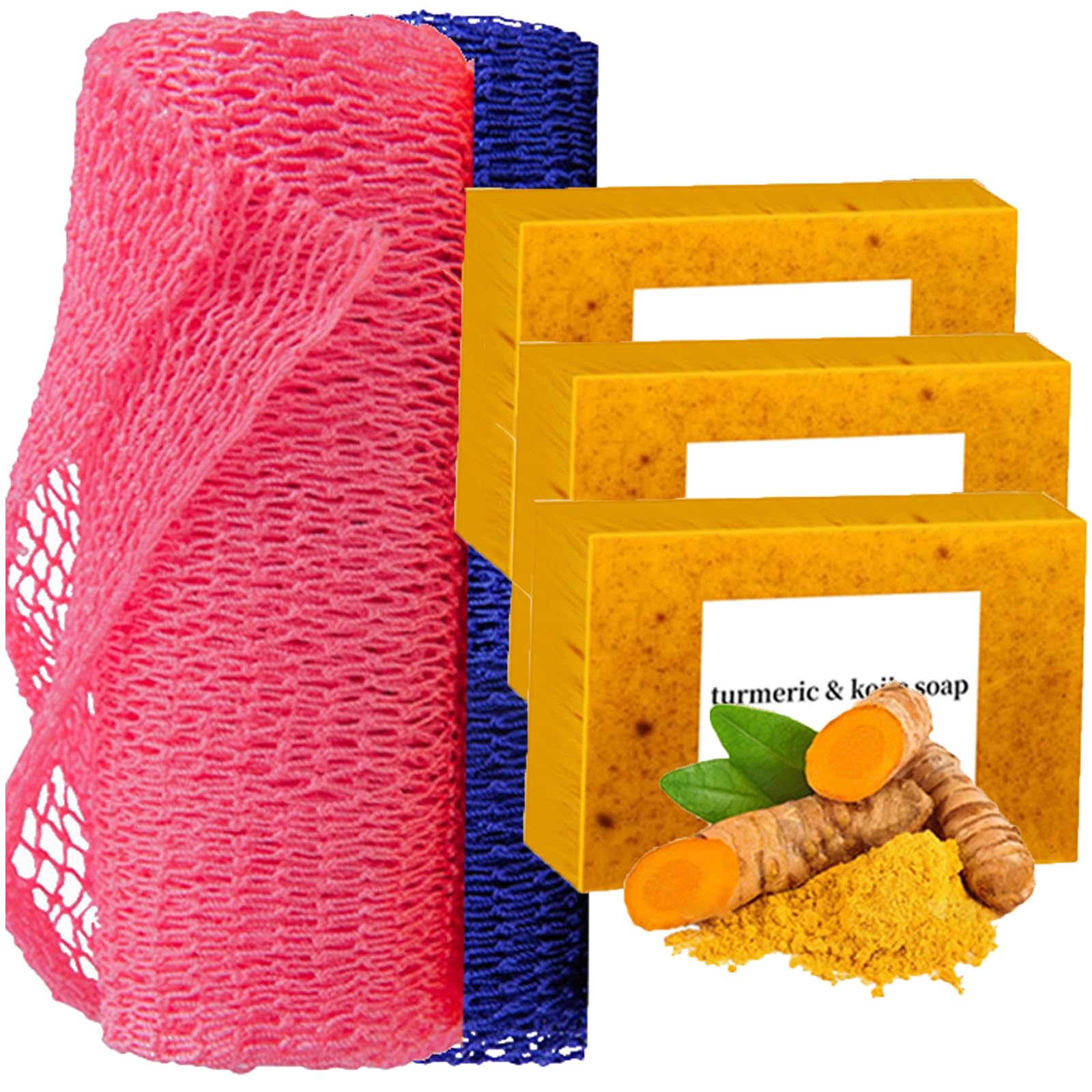 Turmeric Soap and African Net Sponge with Knots, Afroscrub African Exfoliating Net Sponge Double Knotted Kojic Soap Pouch(2 Net+3 Soap) for Face and Body