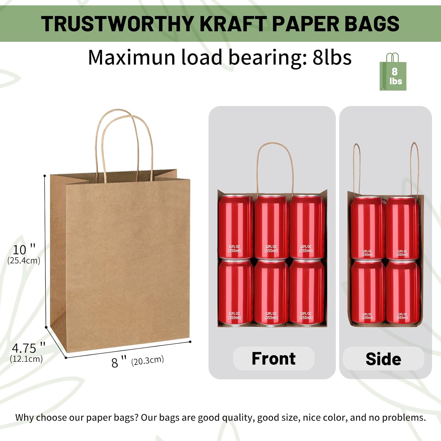 Mlyta 100 Pack 8x4.75x10 Inch Plain Medium Brown Kraft Paper Gift Bags with Handles Bulk for Goodie, Party Favor Brithday Grocery Shopping, Small Business Wedding Retail Craft Treat, Merchandise Sacks