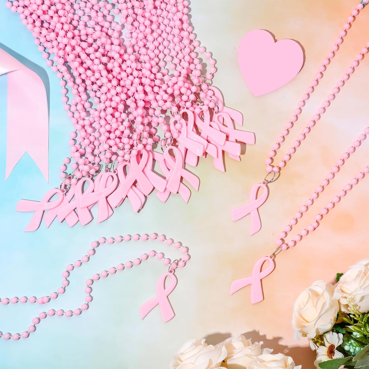 Tigeen 24 Pieces Breast Cancer Awareness Beads Necklaces Bulk Pink Ribbon Breast Cancer Awareness Pendant Necklaces for Women Charity Public Social Event Welfare Party Supplies