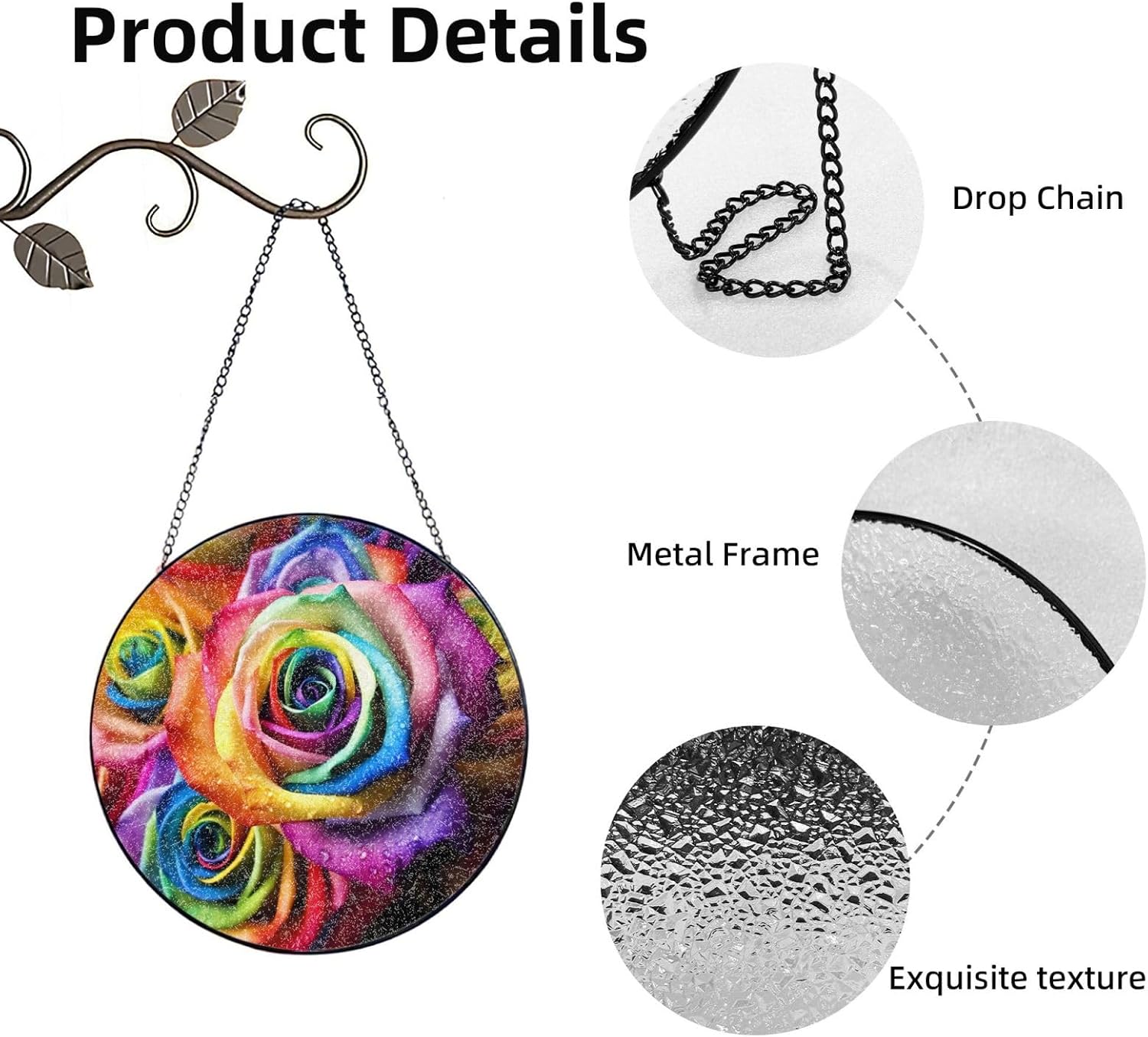 Stained Glass Window Hanging 8in（20cm）, Rainbow Rose Sun Catchers Indoor Window, Stained Glass Suncatcher Ornament with Metal Chain, Wall Art Home Decor Gift for Women Mother's Day