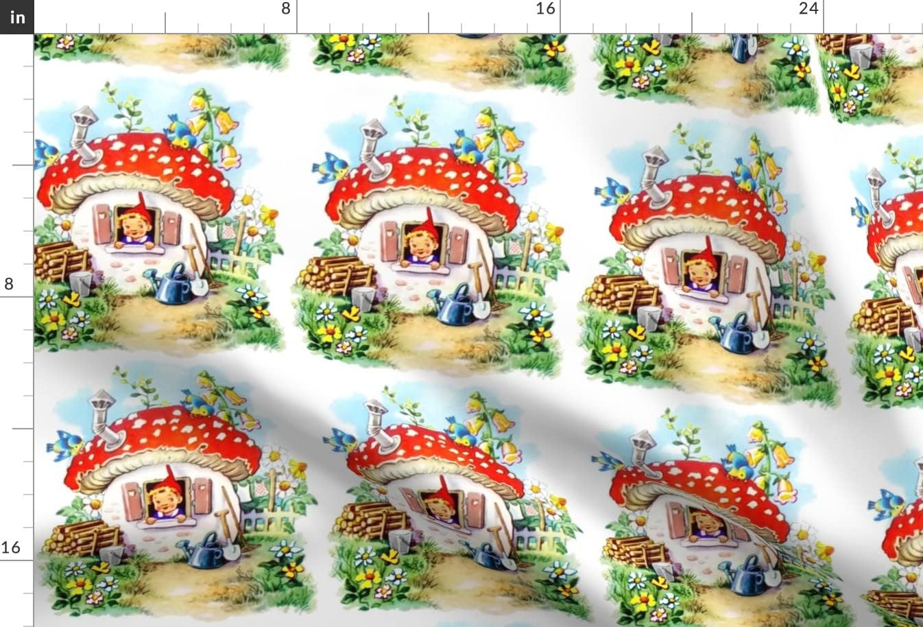 Spoonflower Fabric - Vintage Retro Elves Gnomes Mushrooms Birds Red Bells Daisies Daisy Printed on Minky Fabric by The Yard - Sewing Baby Blankets Quilt Backing Plush